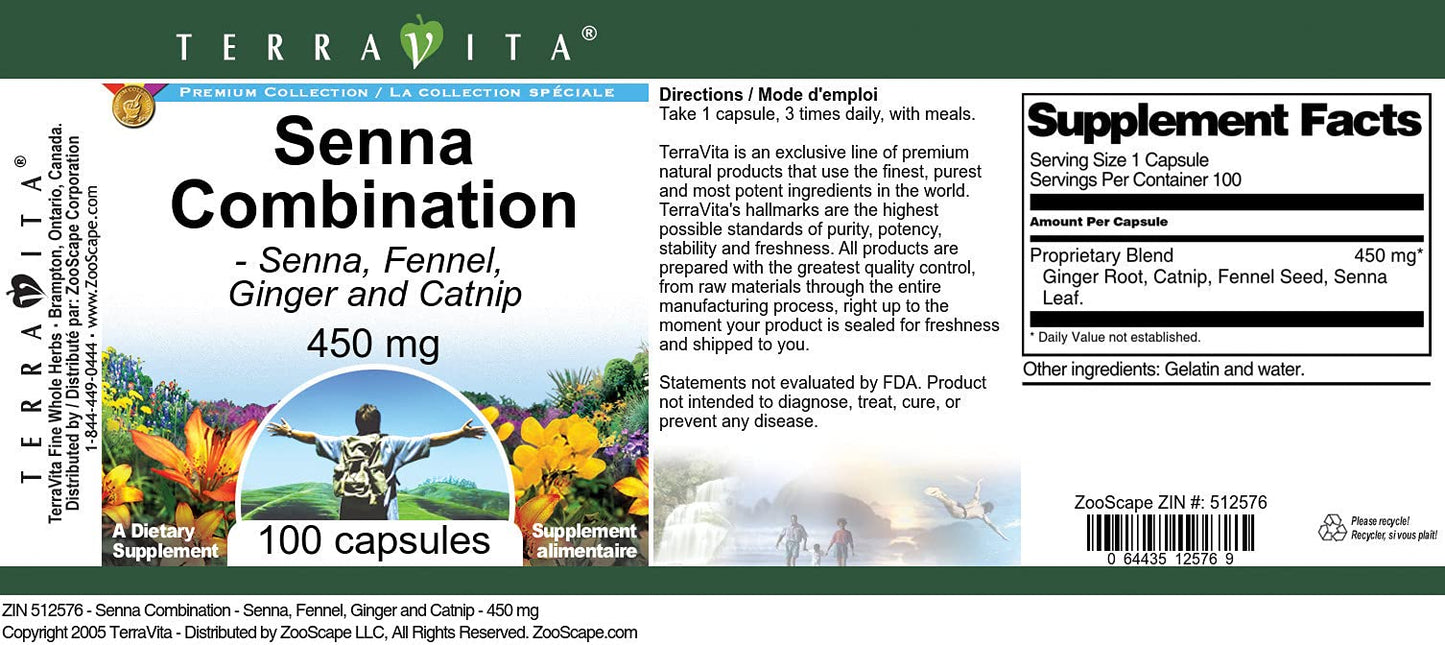 Terravita Senna Combination - Senna, Fennel, Ginger and Catnip - 450 mg Capsules, 300 Count