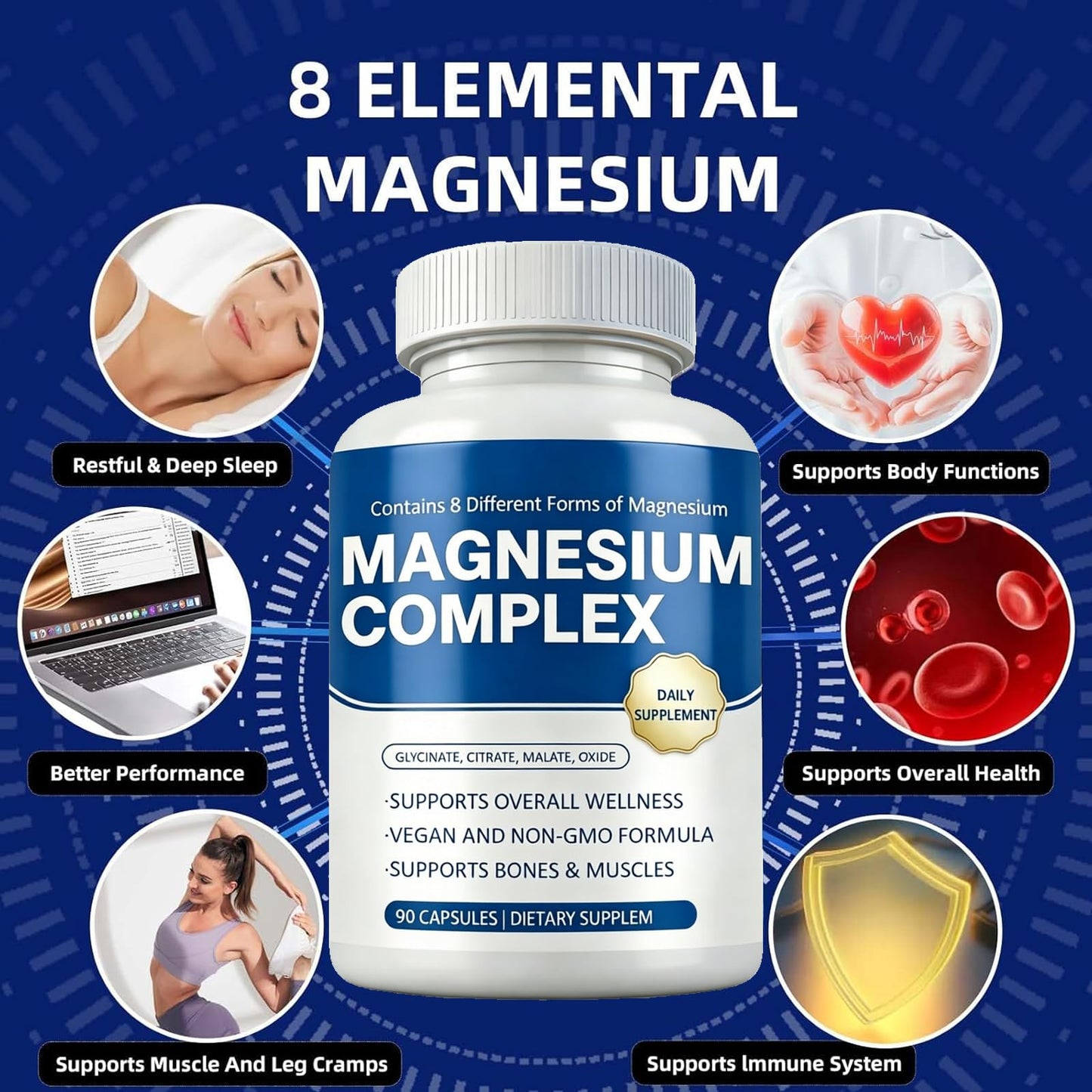 OFHOFH Magnesium Complex Supplement 8 Elemental Magnesium Glycinate, Citrate, Malate, Oxide Capsule 90 Count