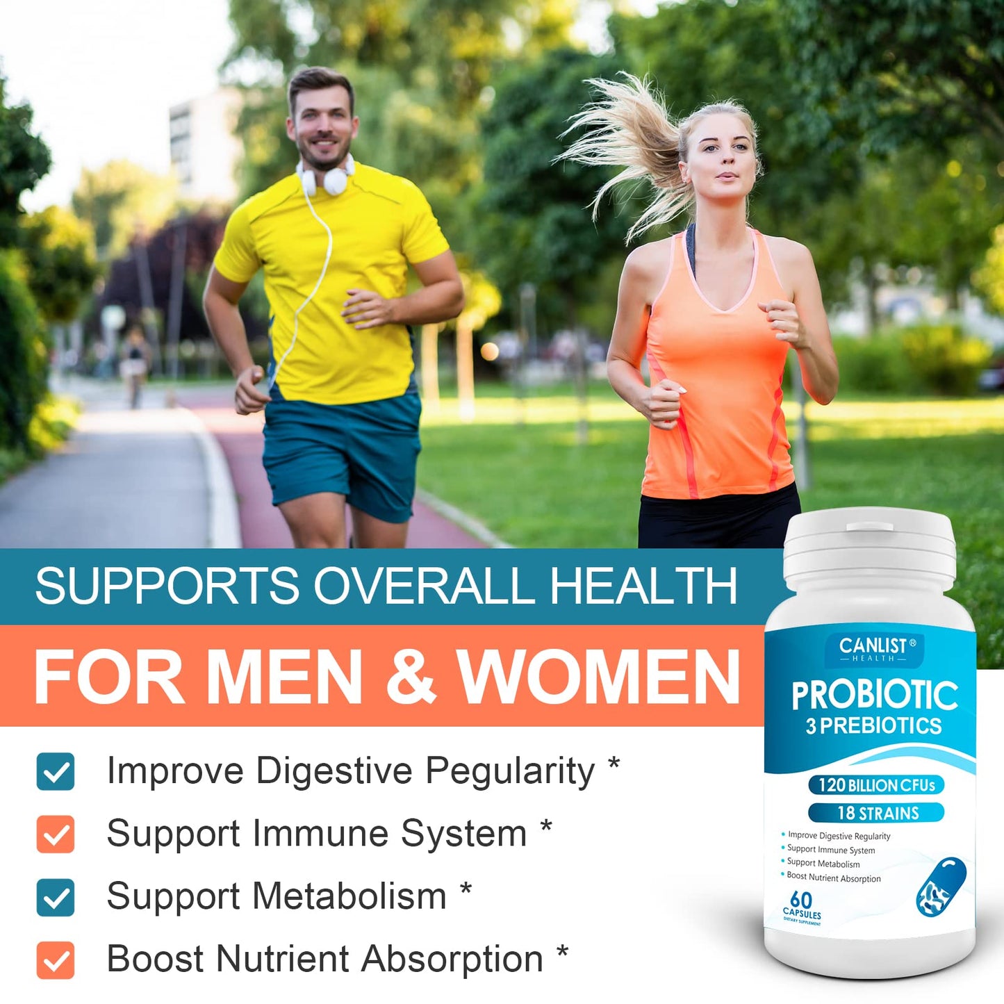CANLIST Probiotics 120 Billion CFUs, 18 Strains, 3 Prebiotics & Digestive Enzymes for Digestive & Immune Support, Shelf-Stable Non-GMO, 60 Capsules
