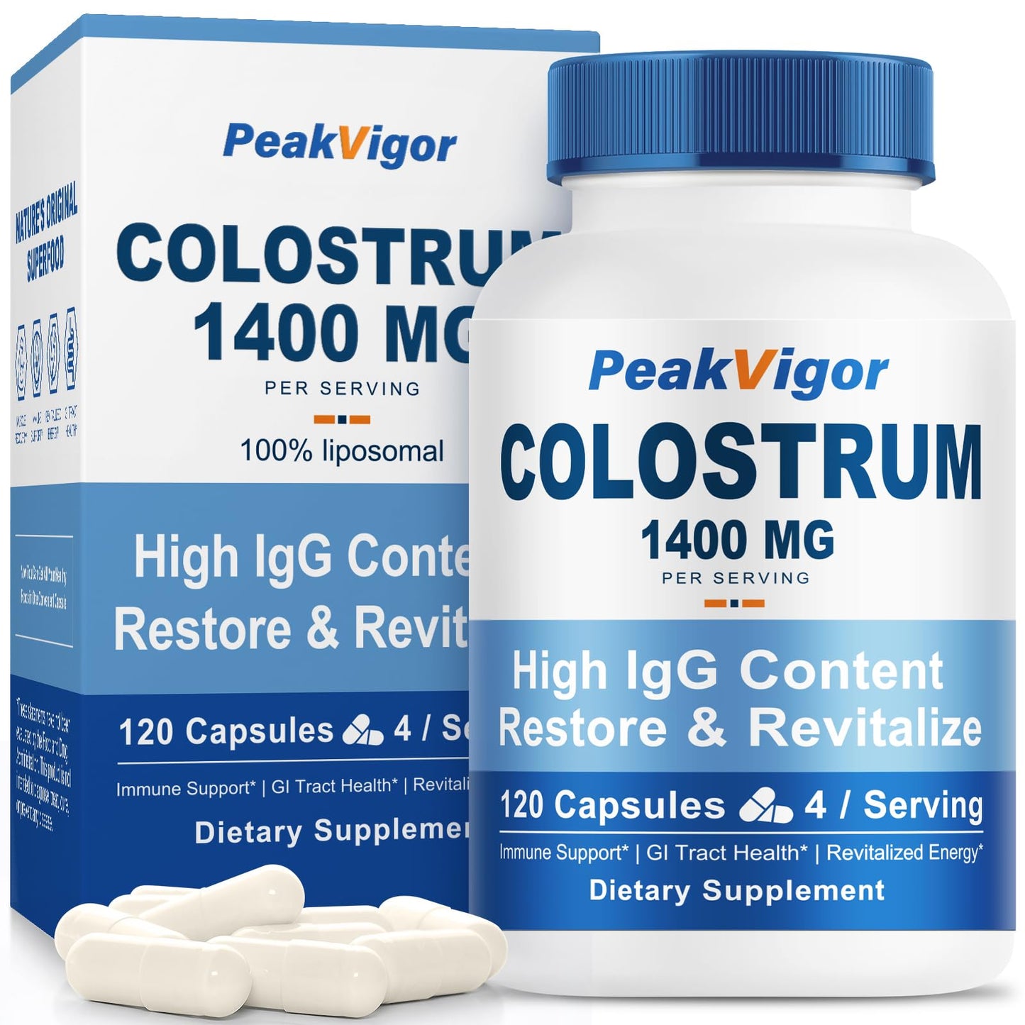 PeakVigor Organic Bovine Colostrum Capsules, 1400mg, 120 Capsules