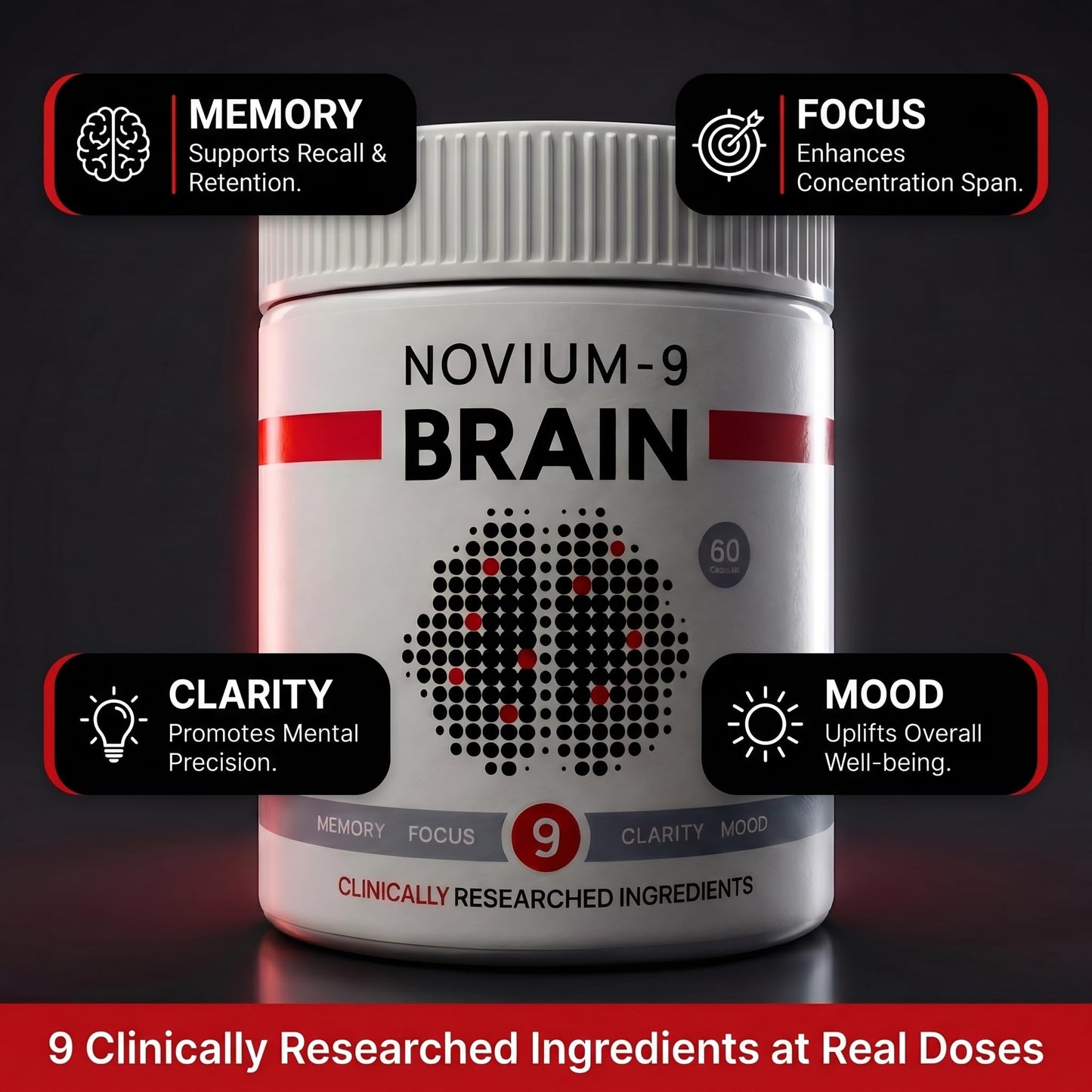 Novium-9 Brain Brain Supplement for Memory, Focus & Clarity Capsules, 60 Count