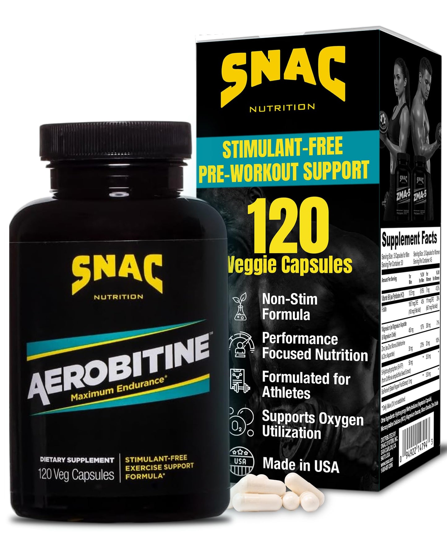 SNAC Aerobitine Stimulant-Free Pre-Workout Veggie Capsules, 120 Count