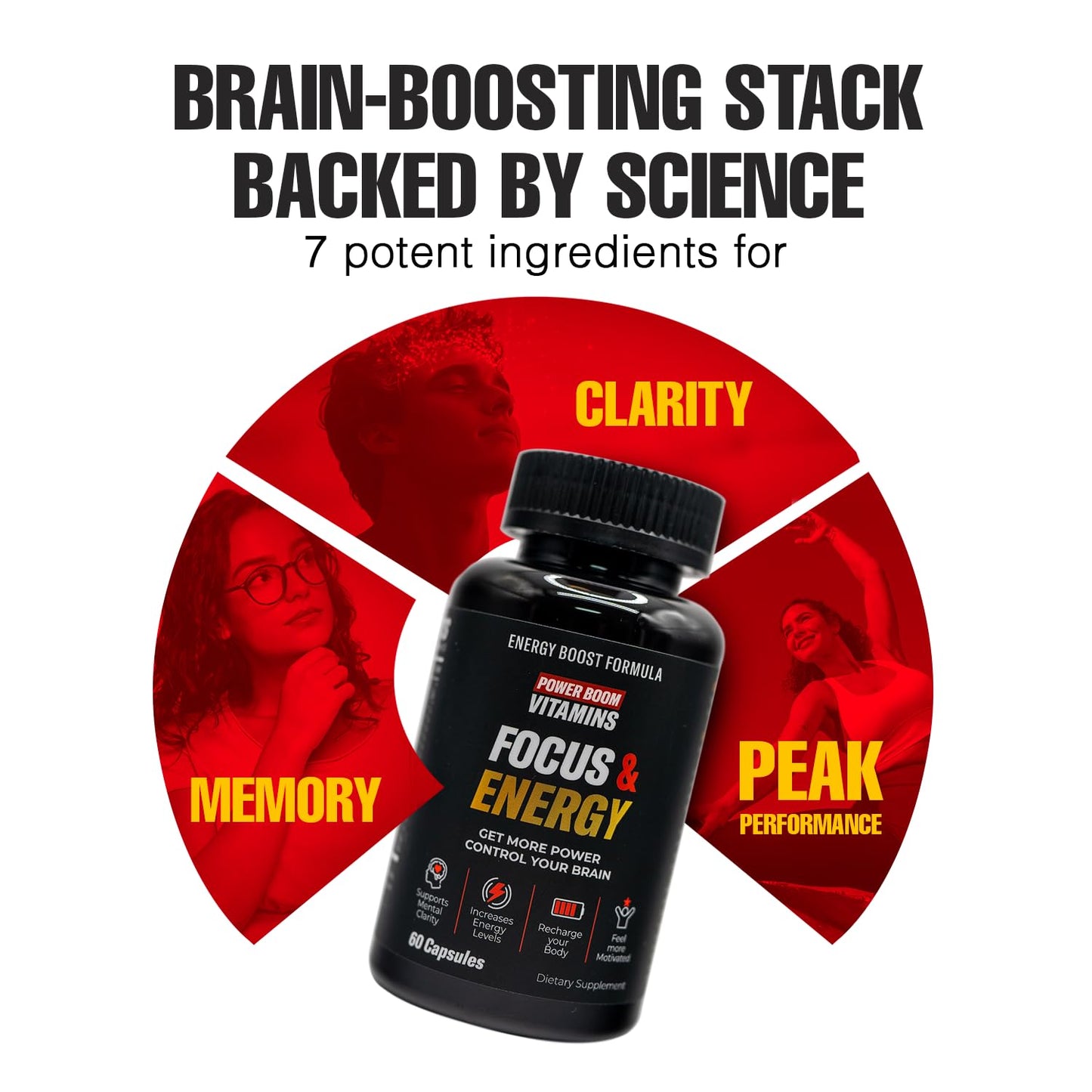 Power Boom Vitamins Focus & Energy – Brain & Mental Performance Supplement Capsules, 60 Count