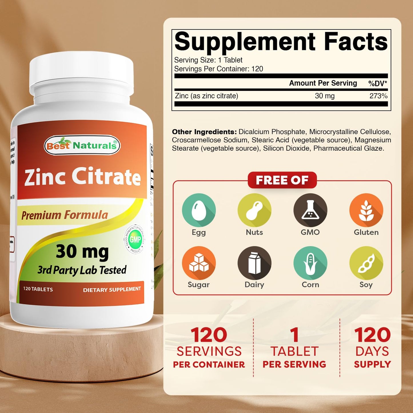 Best Naturals Zinc 30mg Supplements (as Zinc Citrate) Tablets, 120 Tablets