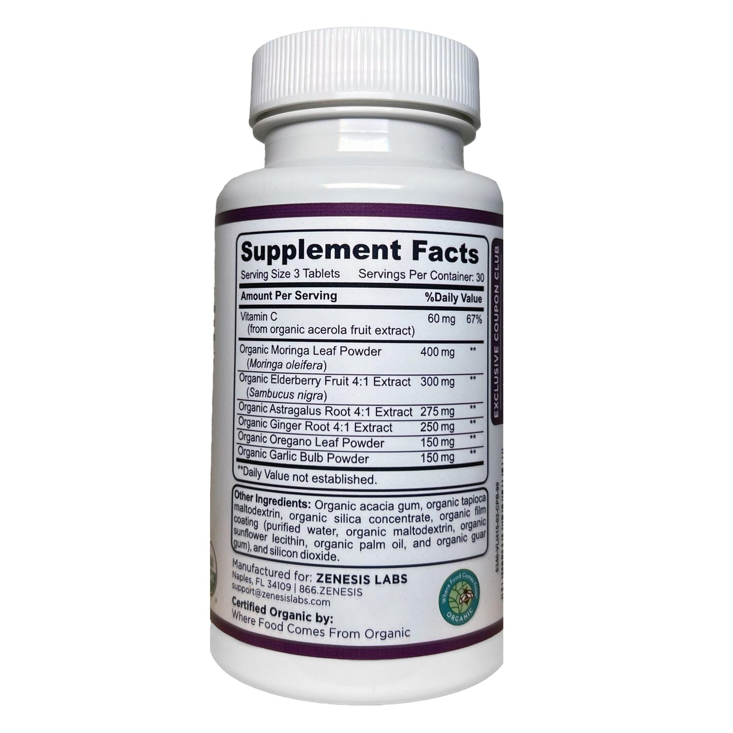 Zenesis Labs Organic Immune Support Supplement with Vitamin C, Moringa, Elderberry, Astragalus, Oregano, Ginger, Garlic, 90 Tablets