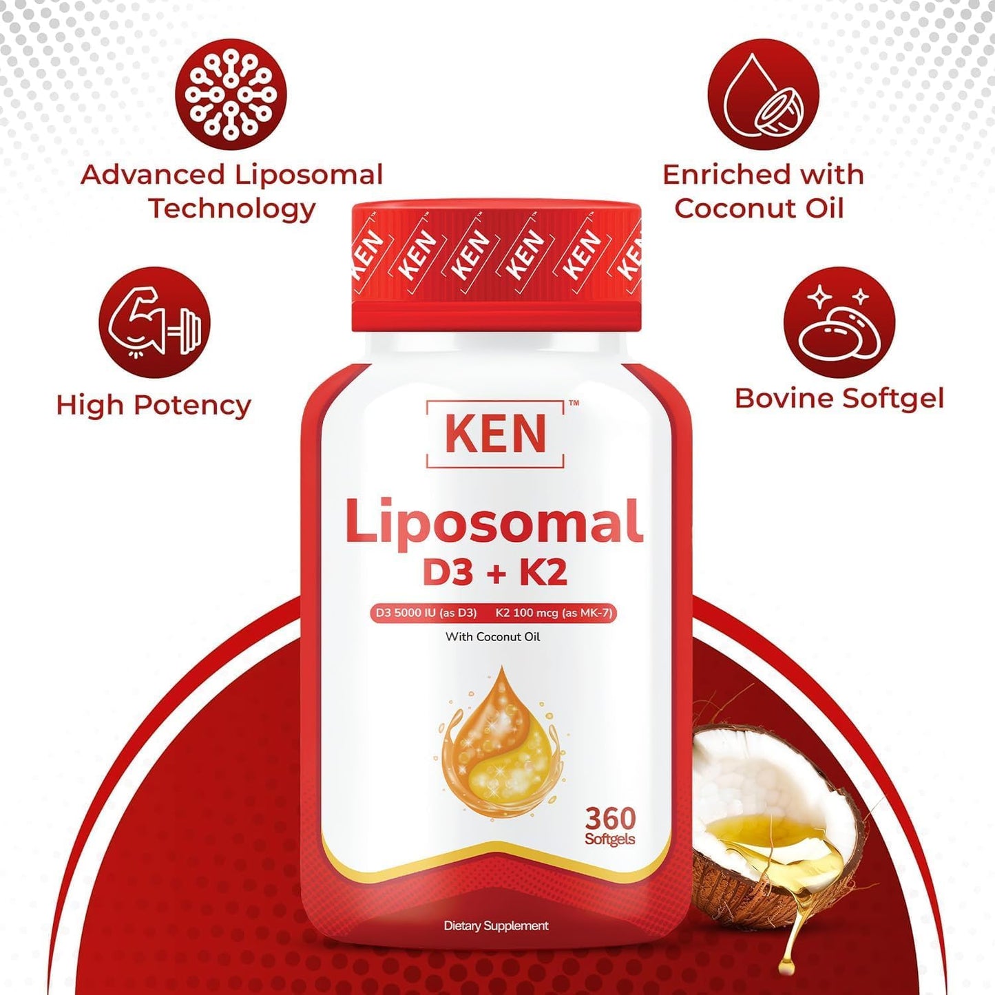 KEN Liposomal Vitamin D3 5000 IU + K2 (MK7) 100 mcg 360 Softgels