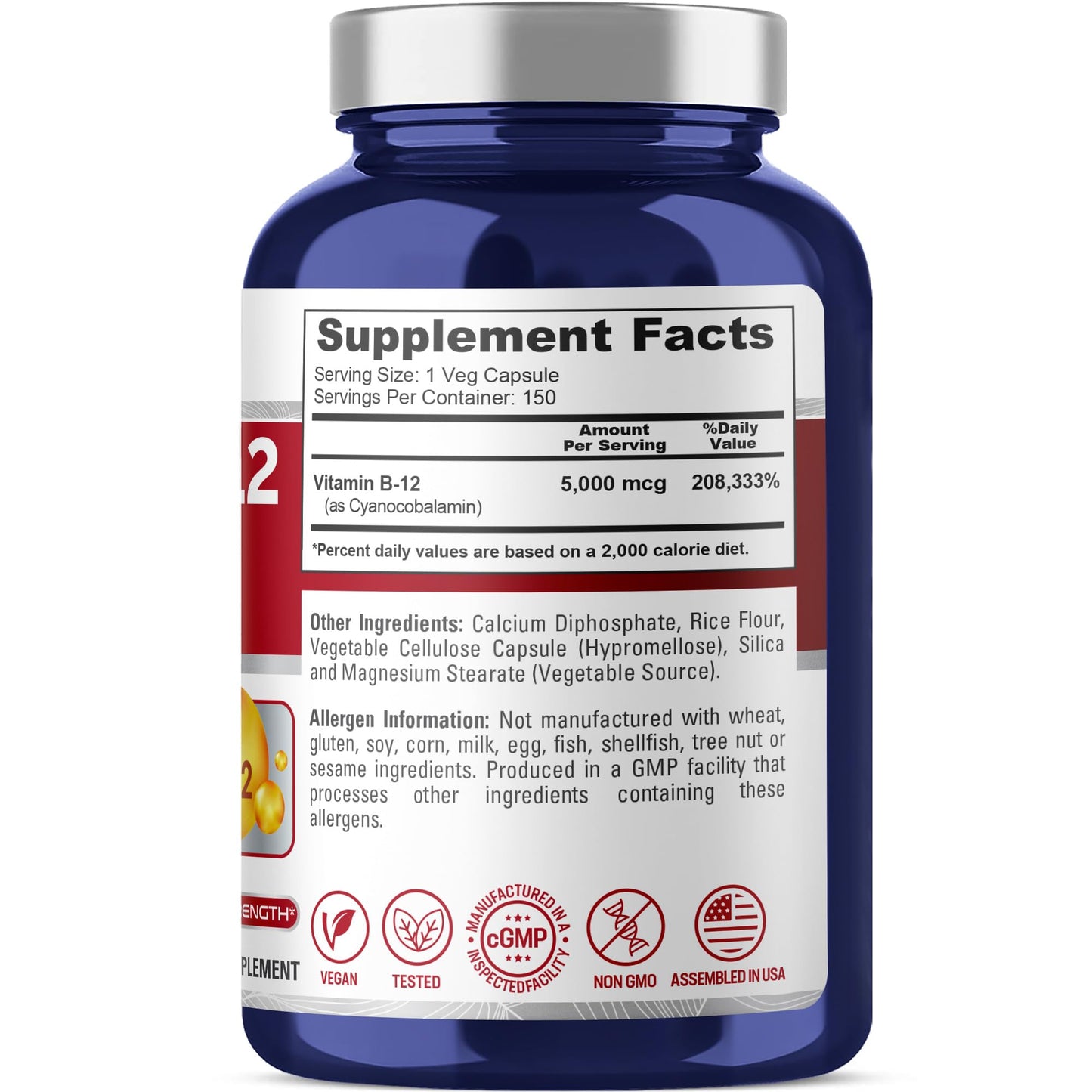 NusaPure Vitamin B12 Max Strength Non-GMO Vegan 5000mcg Capsules, 200 Count