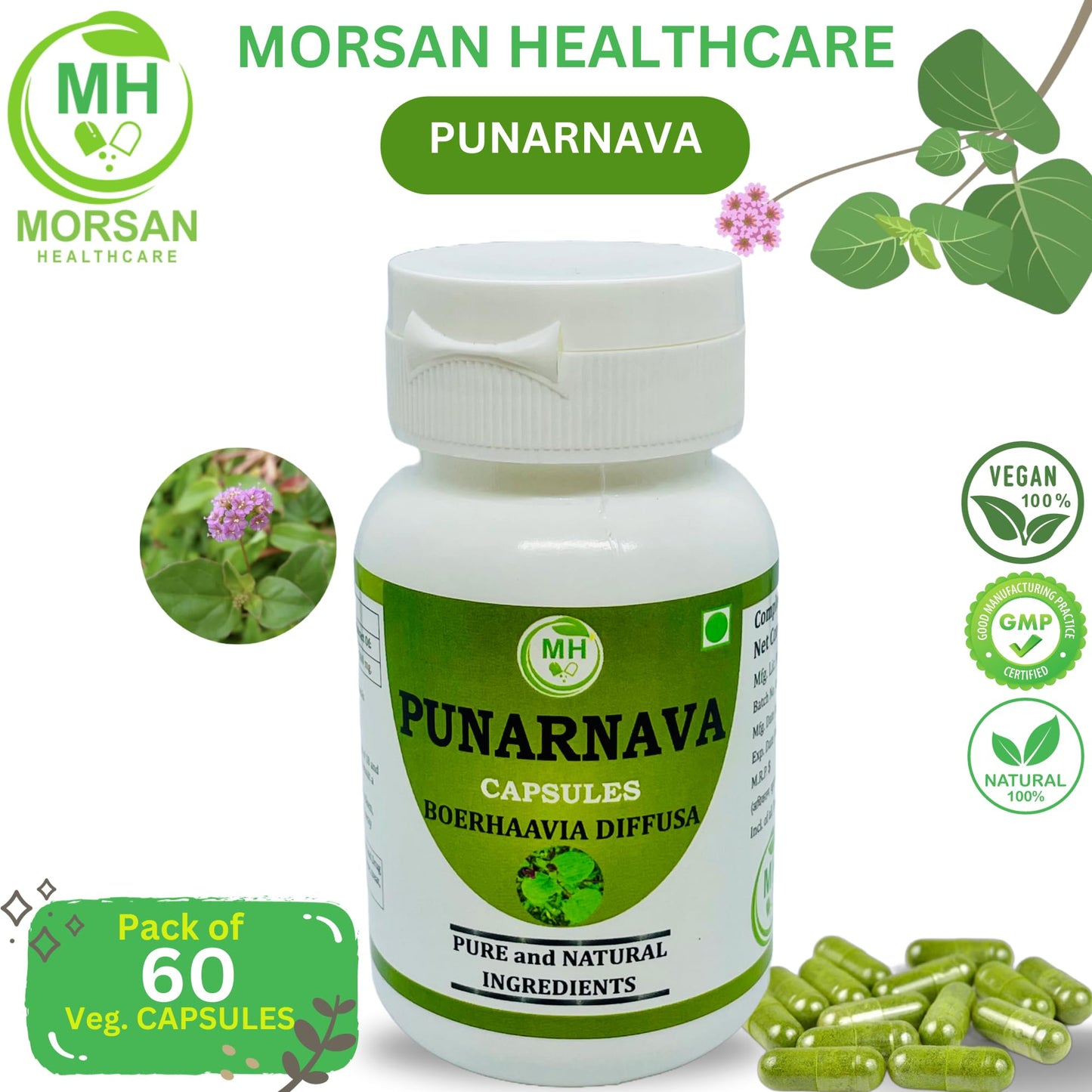 Generic Punarnava Capsules (Boerhaavia Diffusa) 500mg, 60 Capsules