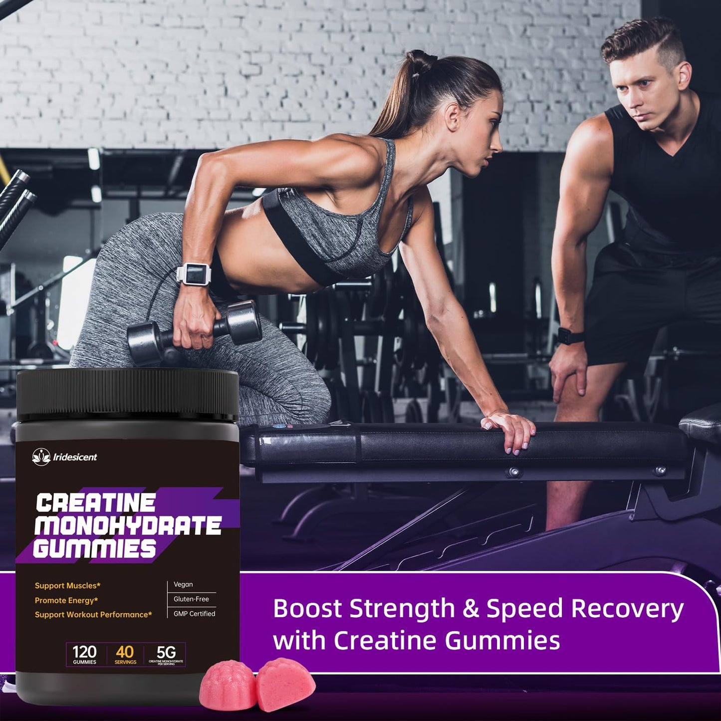 IRIDESICENT Creatine Gummies 5000mg – Sugar Free Creatine Monohydrate, Vegan Chewables Gummy, 120 Count