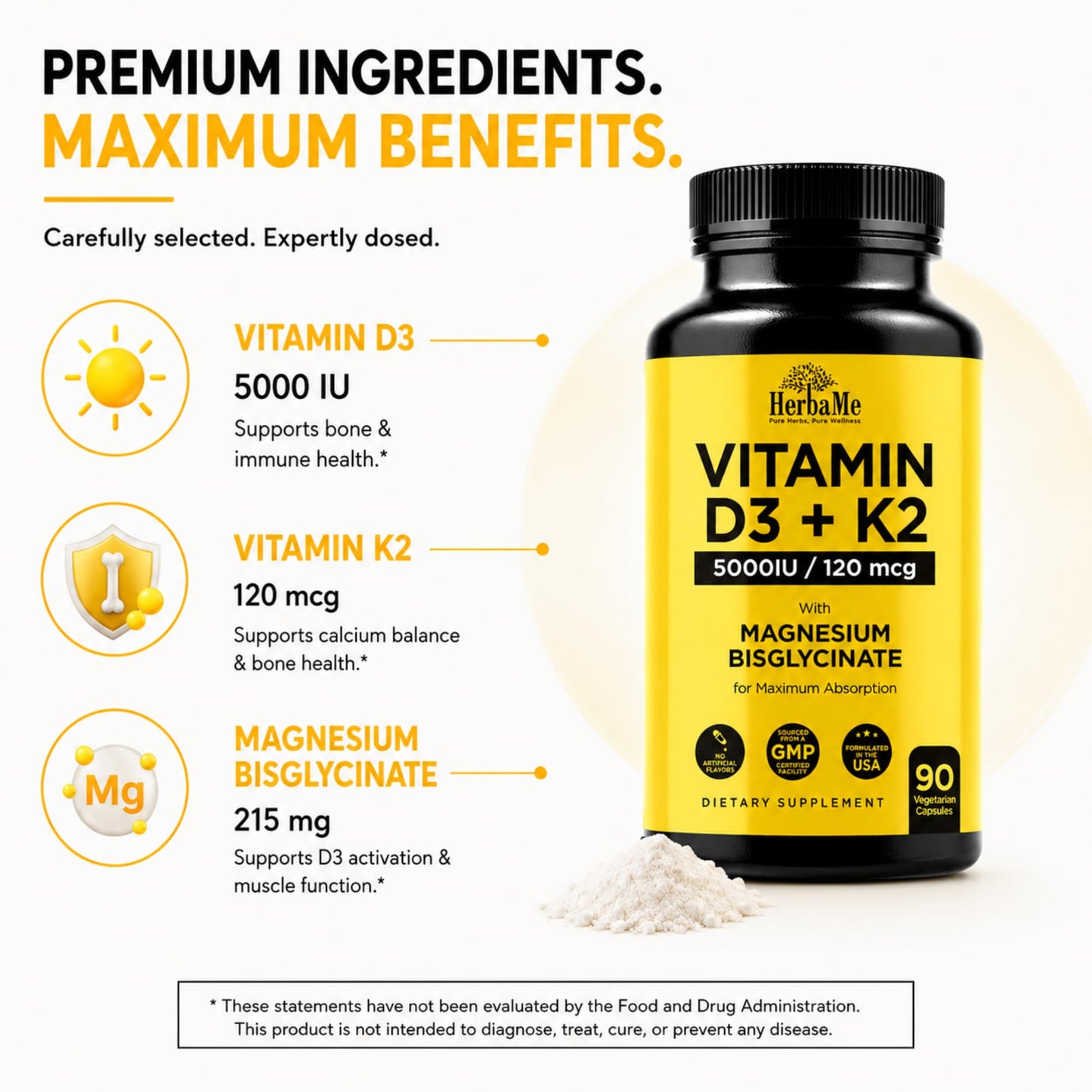 HerbaMe Vitamin D3 5000 IU + K2 with Magnesium Bisglycinate Capsule, 90 Capsules