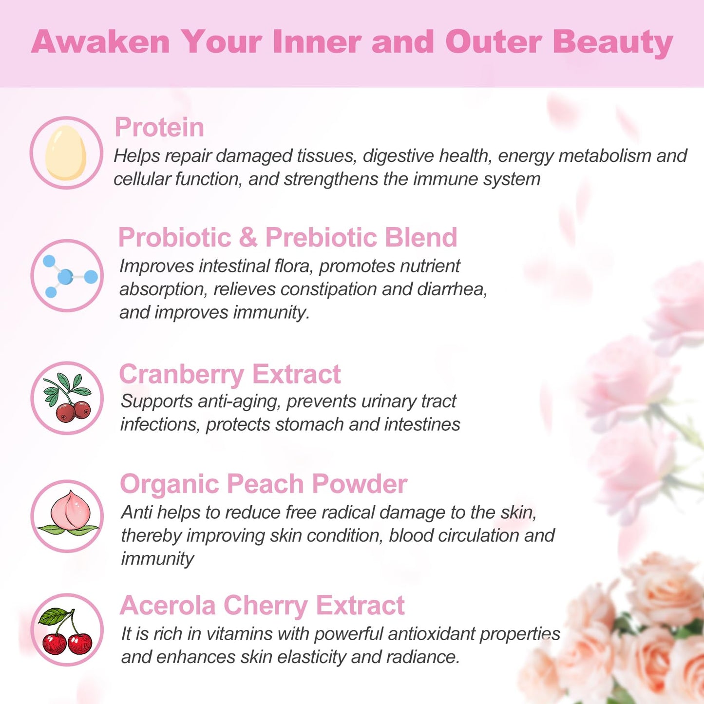 OMOGS Hydrolyzed Collagen Peptide Powder with Prebiotics, Vitamin C & Cranberry Extract for Hair, Skin, Nails, Bones, Digestive & Urinary Tract Health, Easy Dissolve, Non-GMO, 1 oz