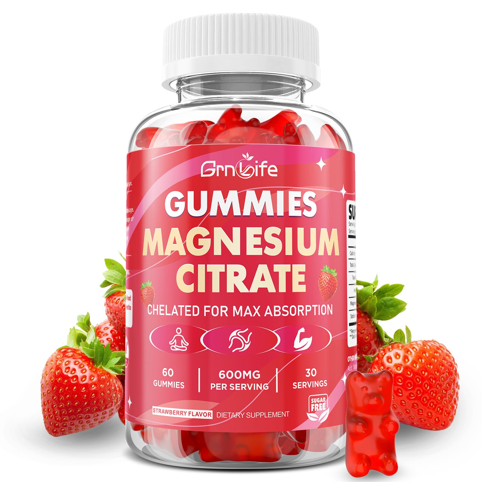 GrnLife Magnesium Citrate Gummies 600mg High Absorption Magnesium Supplement for Calm, Relaxation, Muscle Health, Vegan, Strawberry Flavor, 60 Count