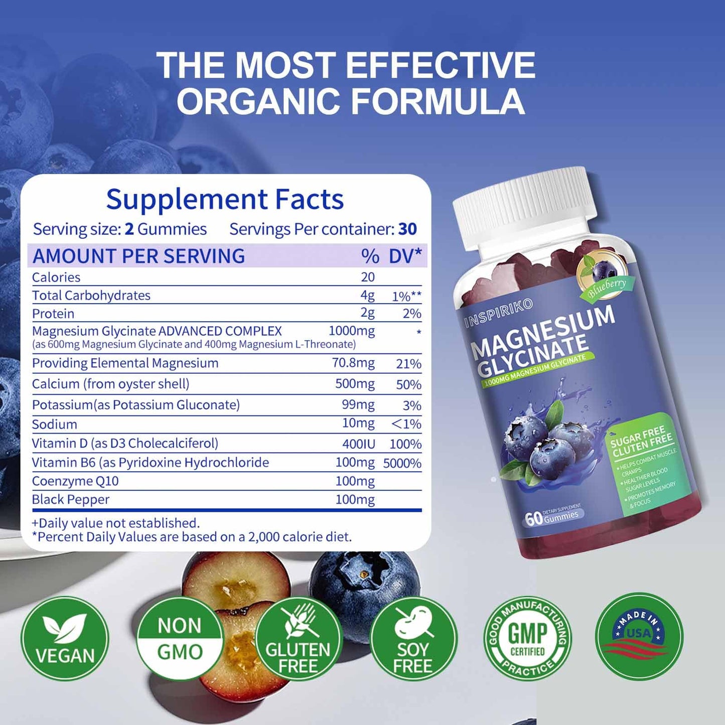 Inspiriko Magnesium Glycinate Gummies 1000mg - Sugar-Free Magnesium Potassium Supplement with Vitamin D, B6, CoQ10 for Adults & Kids, High Absorption for Calm Mood & Sleep Support - 60 Blueberry Gummies