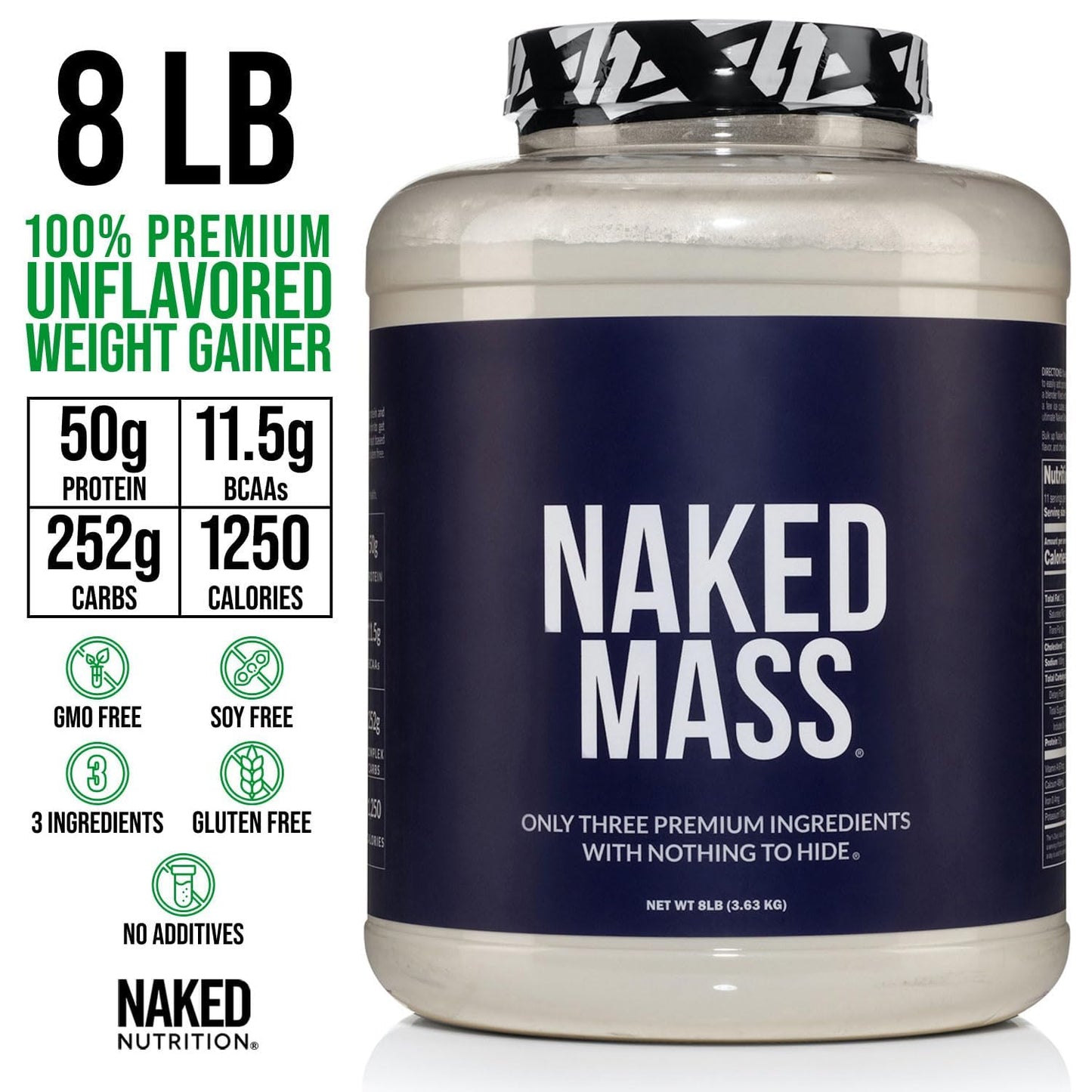 NAKED Mass Natural Weight Gainer Protein Powder 8 Pound (Pack of 2) 256 Servings