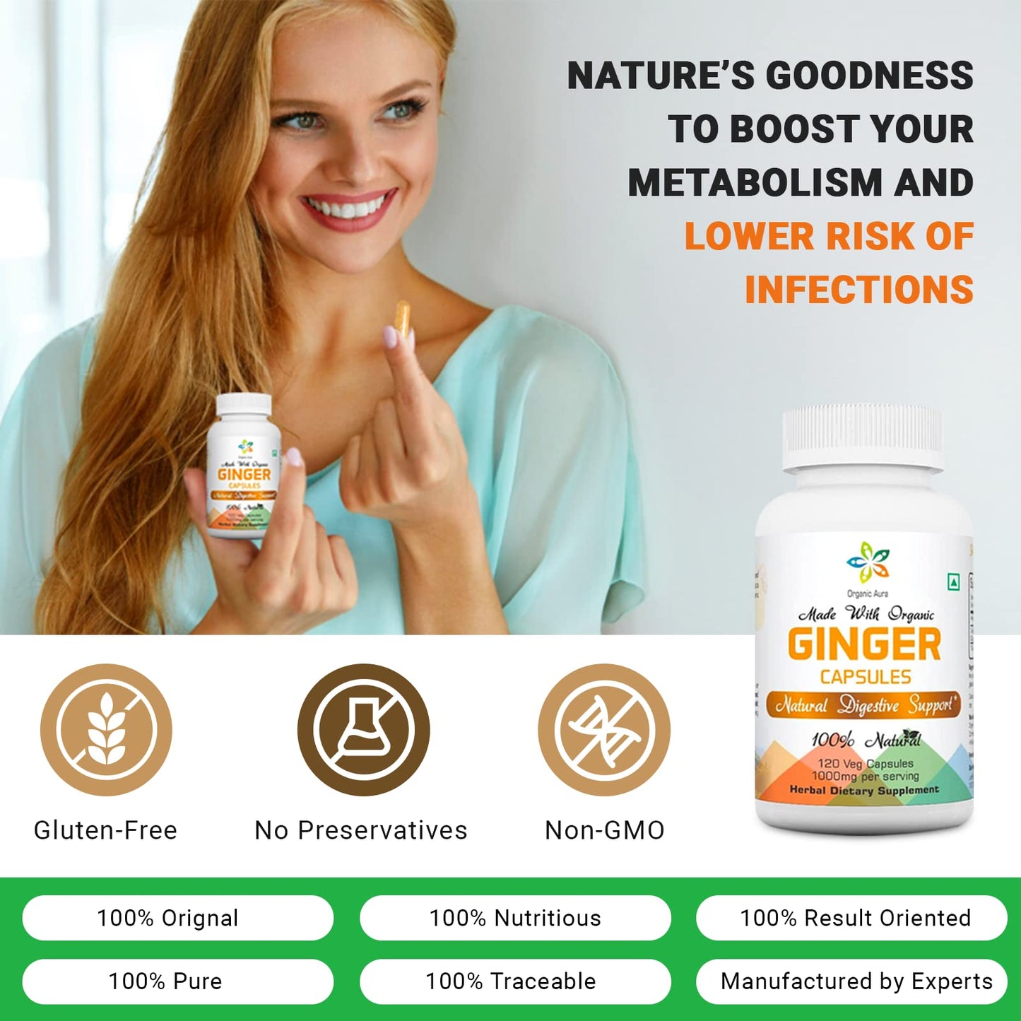 Organic Aura International Ginger Capsules 120 Veg Capsules