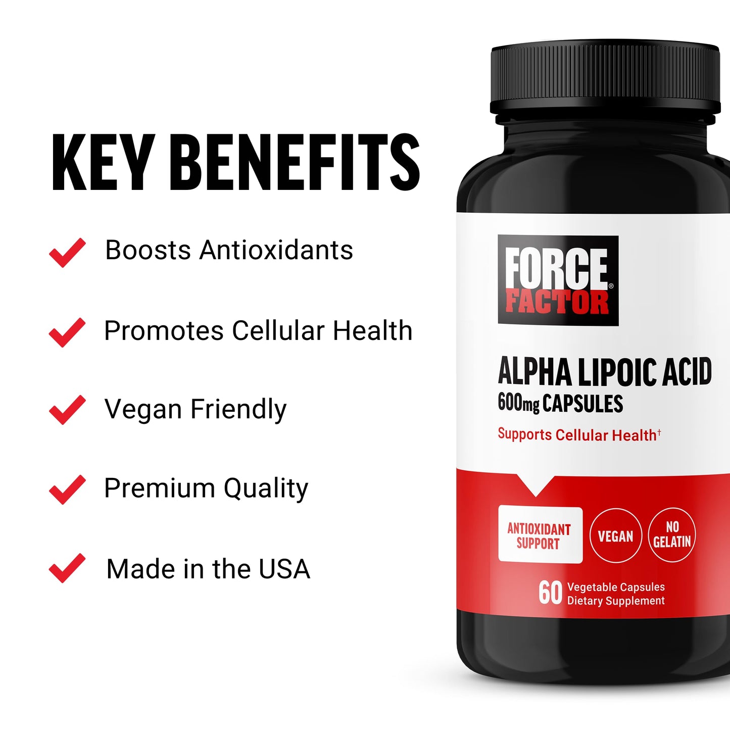 Force Factor Alpha Lipoic Acid 600mg Capsules, 60 Vegetable Capsules