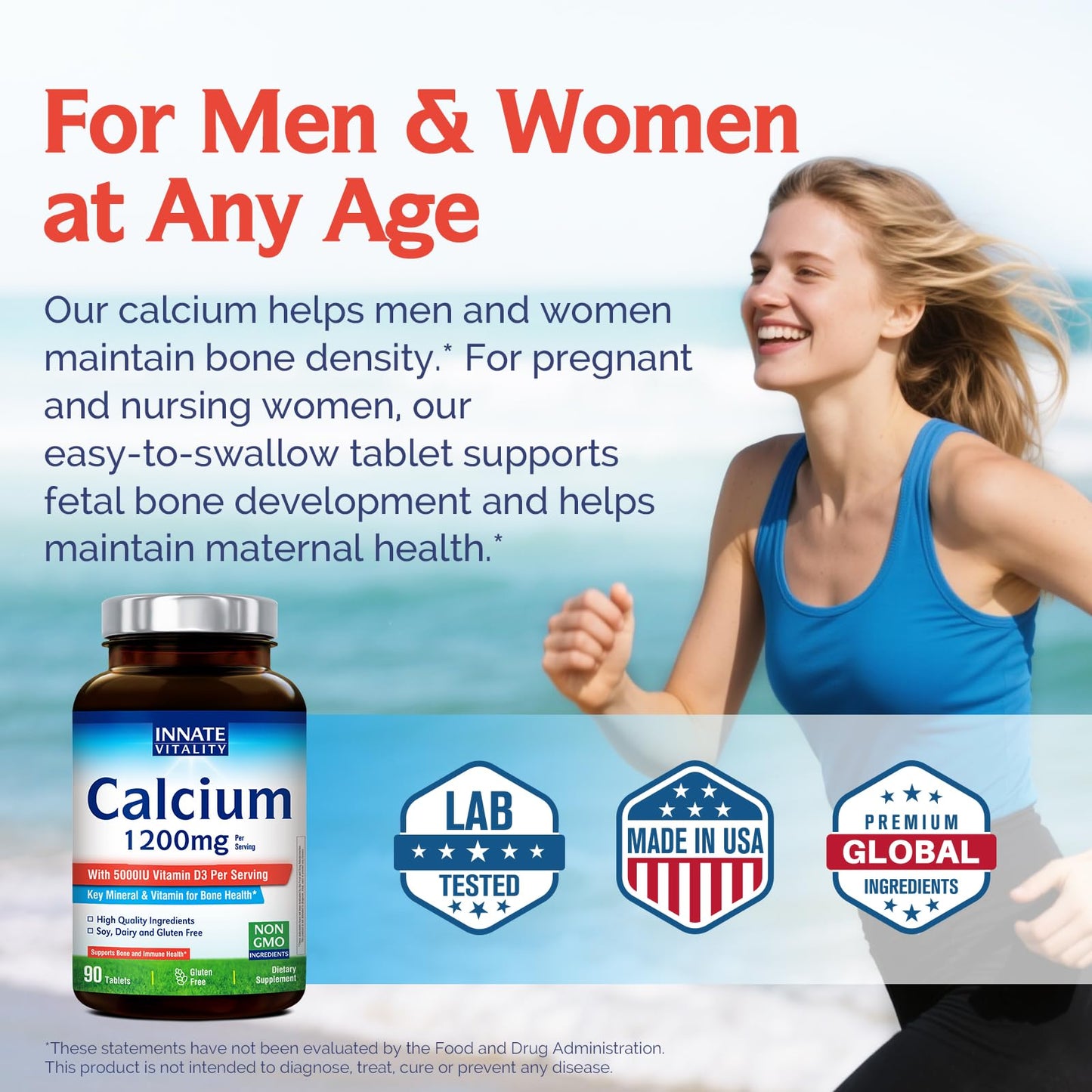 Innate Vitality Calcium 1200 mg with Vitamin D3 (5000 IU), Absorbable Calcium Supplement, 90 Tablets