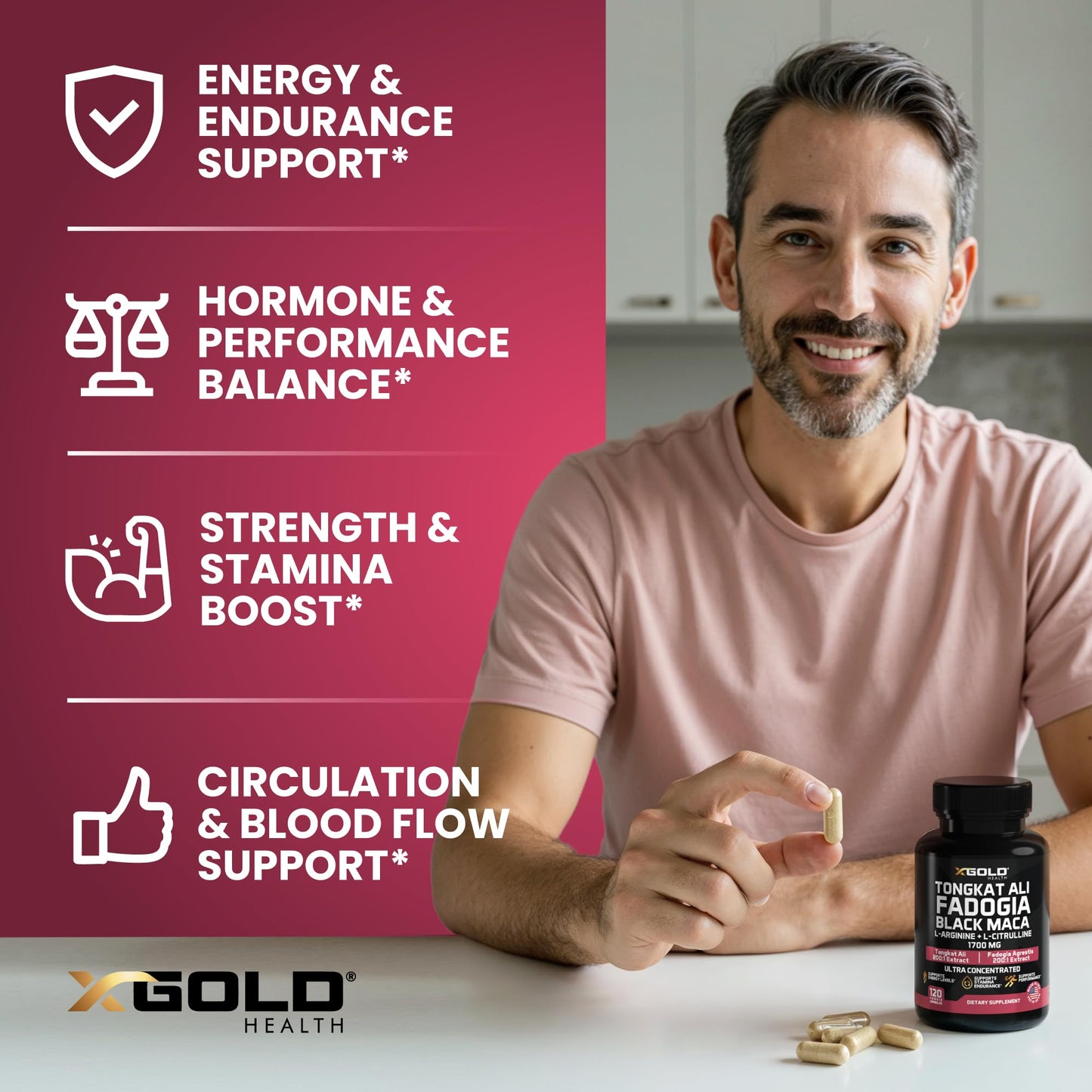 X Gold Health Tongkat Ali 200:1 + Fadogia Agrestis 10:1, 1700mg Performance Complex, Black Maca 10:1, L-Citrulline, L-Arginine, Energy, Stamina & Men's Vitality, Non-GMO, 120 Capsules