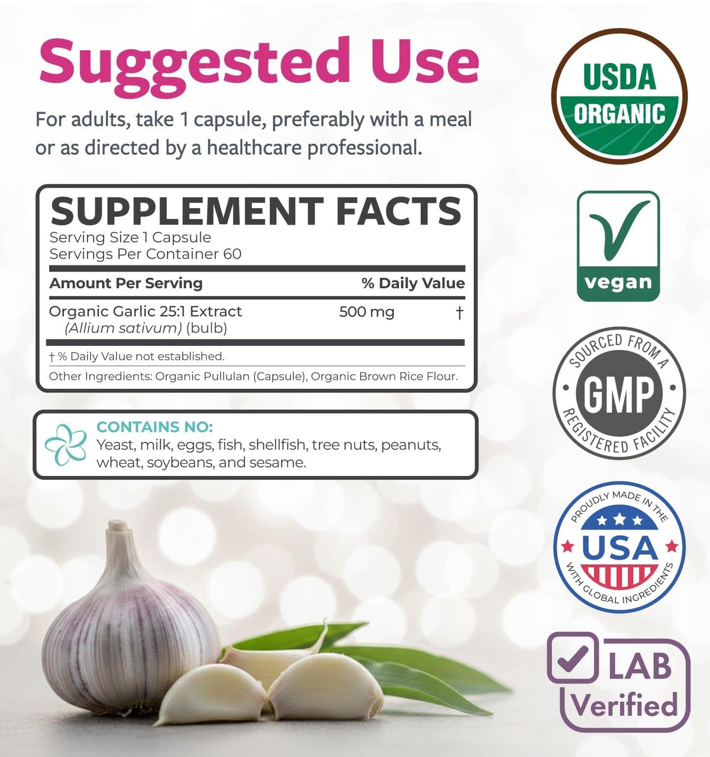 PURE CO USDA Organic Garlic Supplement Capsule 60 Count
