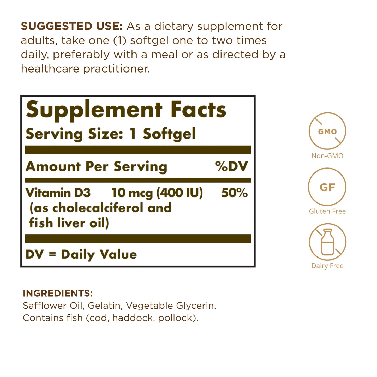Solgar Vitamin D3 (Cholecalciferol) 10 mcg (400 IU) Softgel, 250 Count