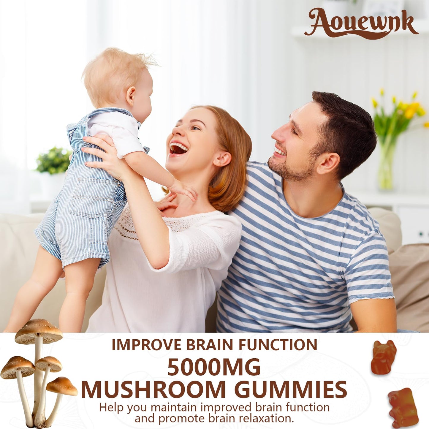 Aouewnk Mushroom Gummies Supplement for Men & Women Gummy, 60 Count