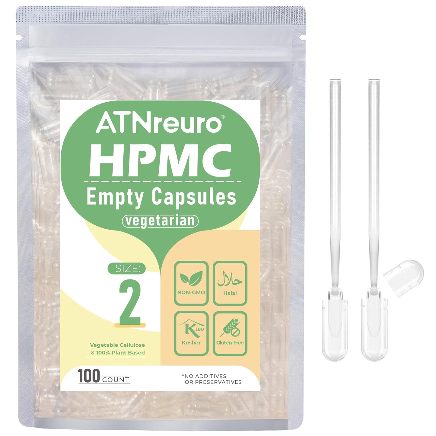 ATNreuro Empty Vegan Capsules Size 2, 100 Count