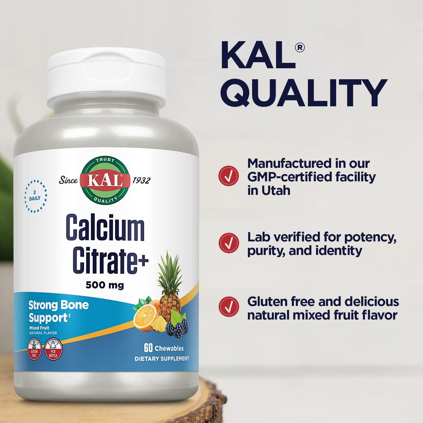 KAL Calcium Citrate Supplement 500mg Chewables with Vitamin D3 & Magnesium, 60 Count