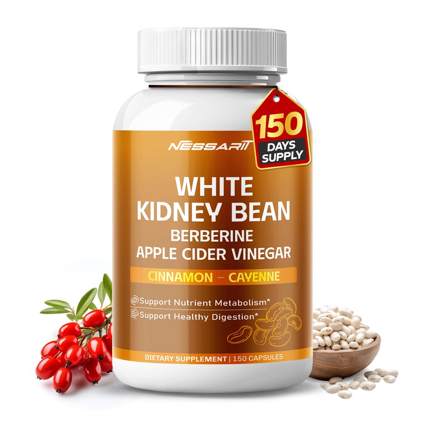 NESSARIT White Kidney Bean, Berberine, Apple Cider Vinegar, Cinnamon & Cayenne Capsules, 150 Count