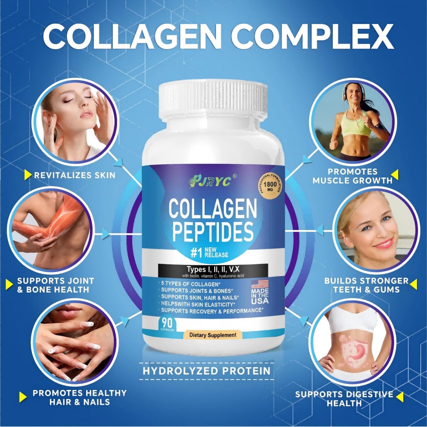 PJRYC Multi Collagen Peptides for Women & Men, 180 Capsules