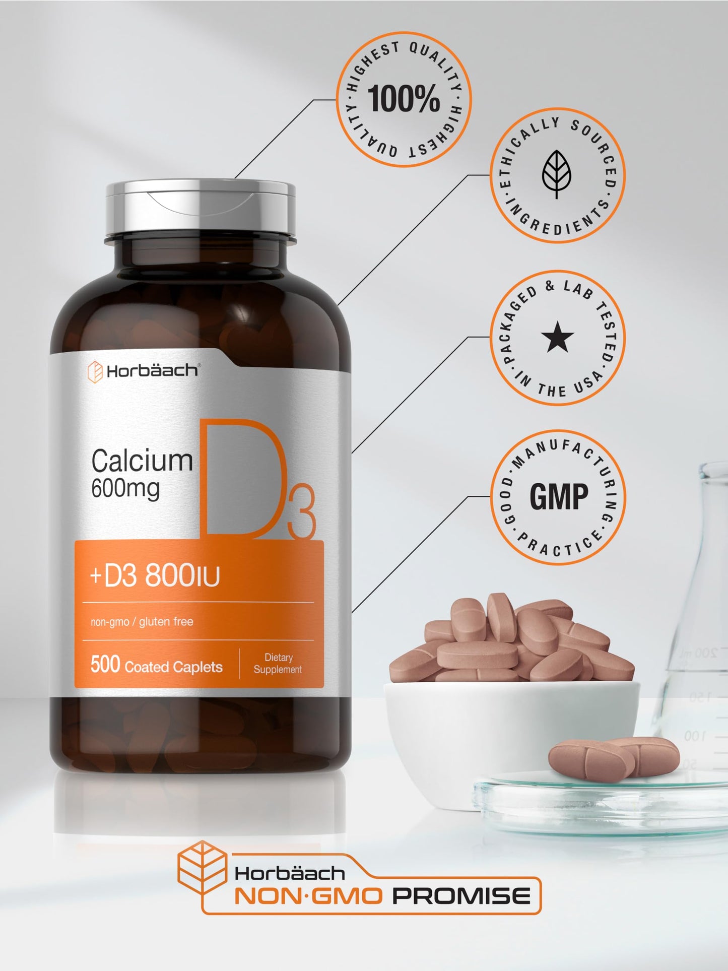 Horbäach Calcium 600 mg with Vitamin D3 Caplets, 500 Count