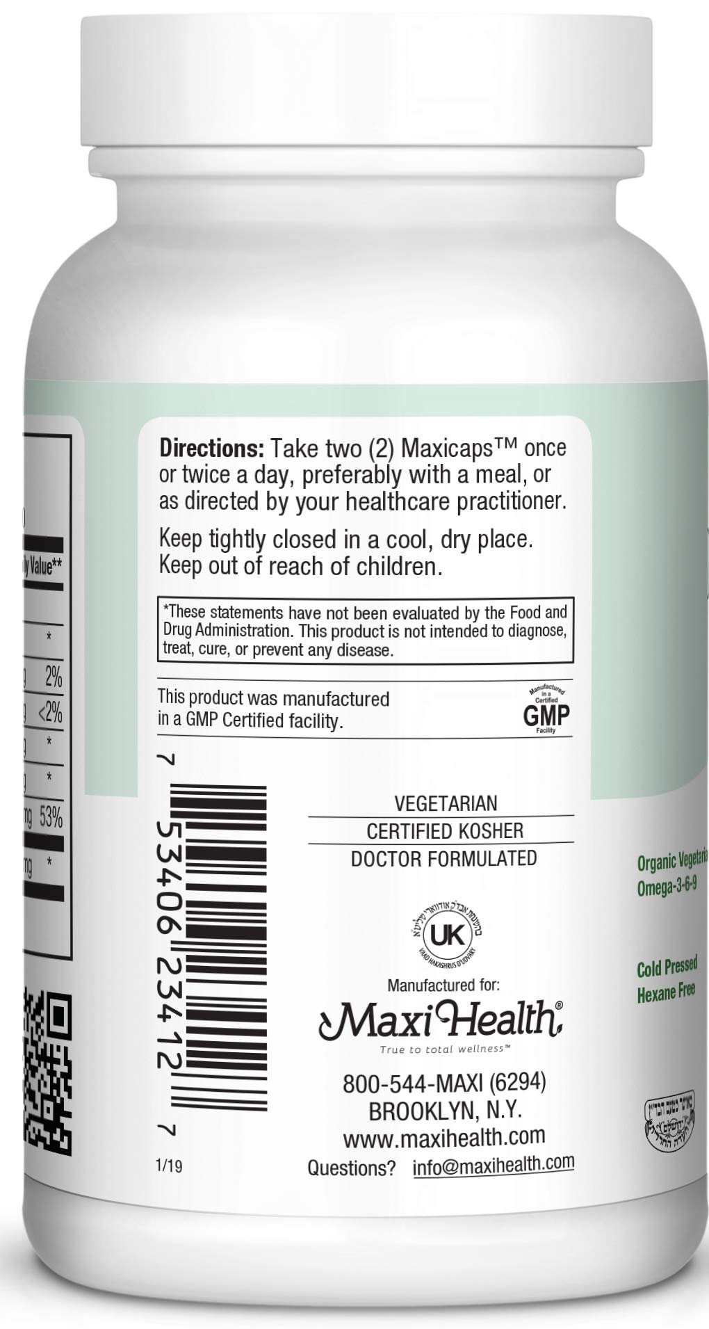 Maxi Health Flax Caps Organic Flaxseed Oil, Omega 3, 6, 9, Cold Press, Hexane Free, 700 mg, Kosher, Capsule, 120 Count