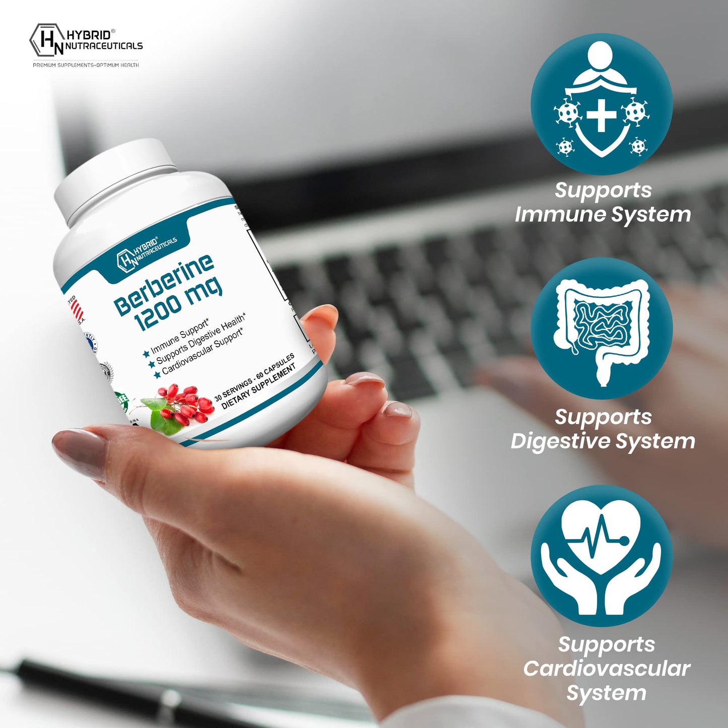 Hybrid Nutraceuticals Berberine 1200mg - Concentrated Berberine HCl Formula - Immune Support, Digestive Support - Gluten-Free Capsules, 60