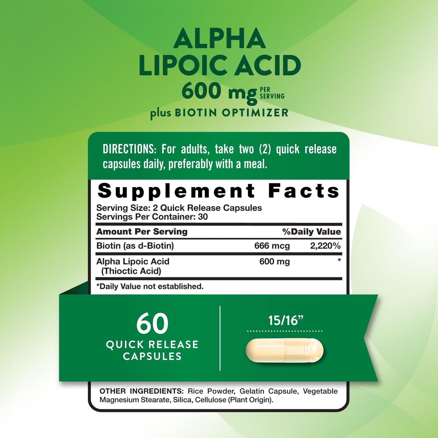 Nature's Truth Alpha Lipoic Acid 600mg Plus Biotin Optimizer Capsules, 60 Count