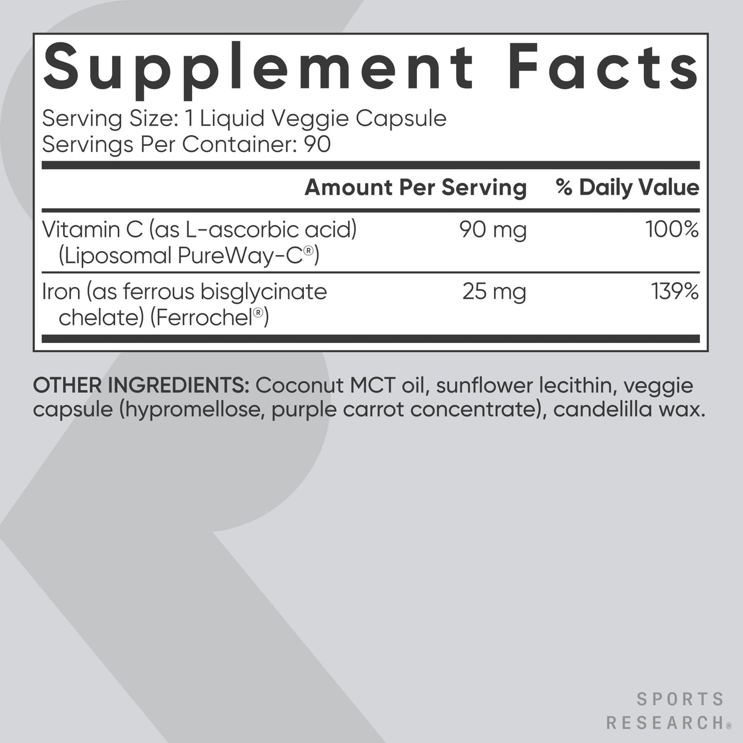 Sports Research Iron 25mg with Vitamin C Capsule 90 Count