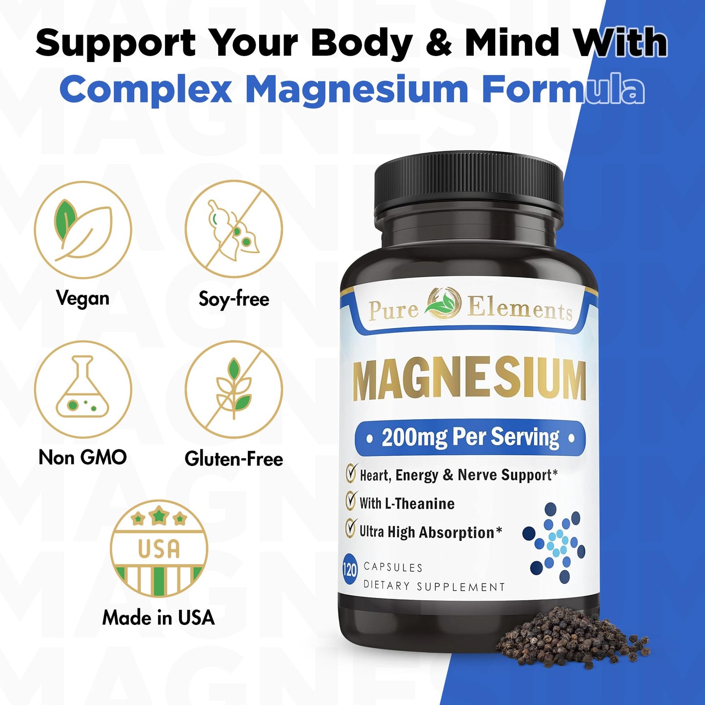 Pure Organic Elements Magnesium Glycinate with Potassium, L-Theanine 120 Capsules