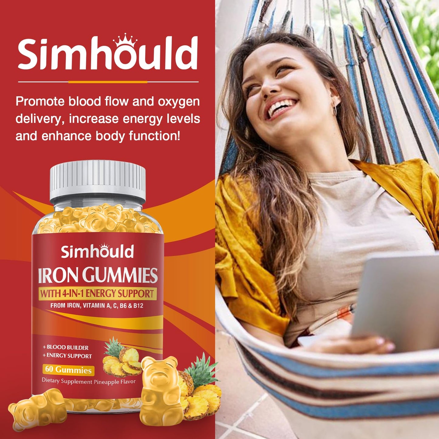Simhould Vegan Iron Gummies 80mg, 60 Count