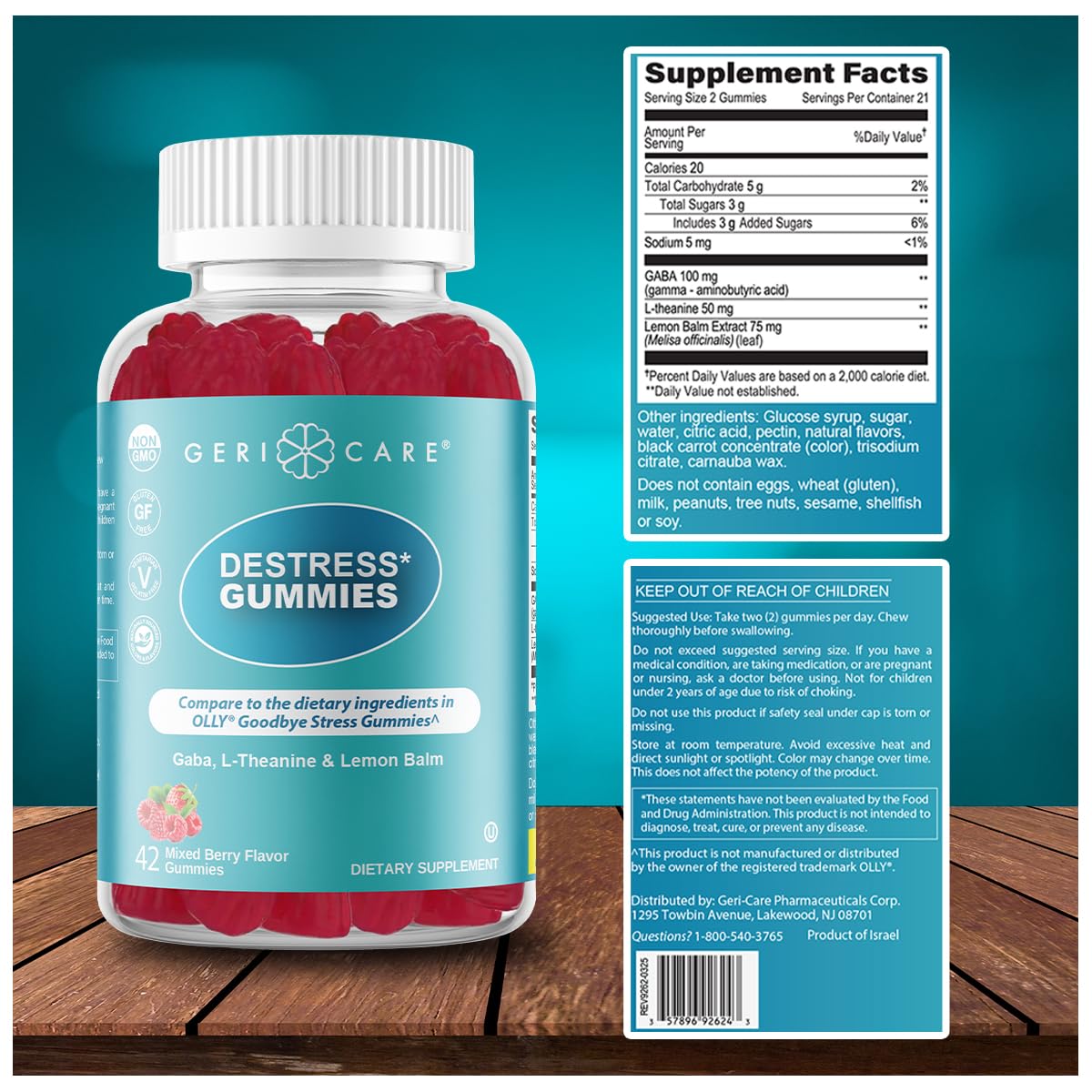 GeriCare DeStress Gummies with GABA, L-Theanine & Lemon Balm, Berry Flavor, Gummies, 84 Count