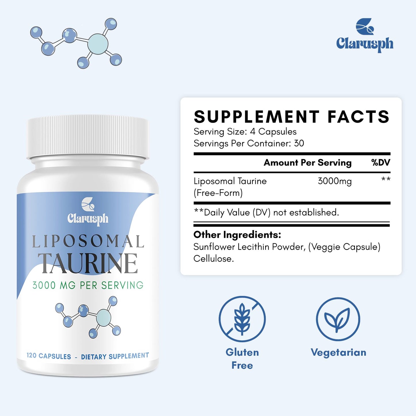 Clarusph Liposomal Taurine 3000mg Capsules, 240 Count