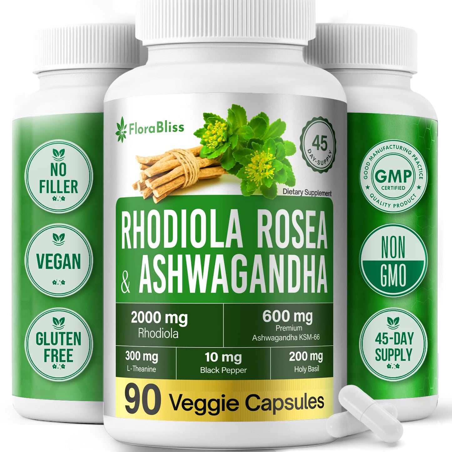 FloraBliss Rhodiola Rosea with Ashwagandha, L-Theanine, Holy Basil & Black Pepper 90 Capsules