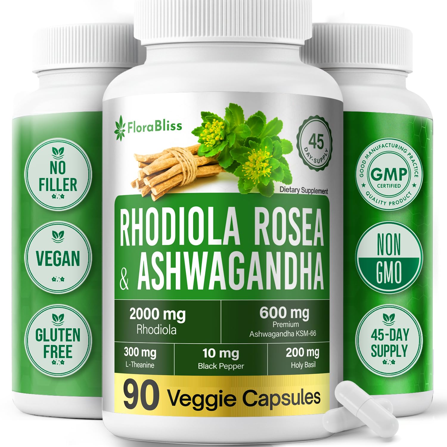 FloraBliss Rhodiola Rosea with Ashwagandha, L-Theanine, Holy Basil & Black Pepper 90 Capsules