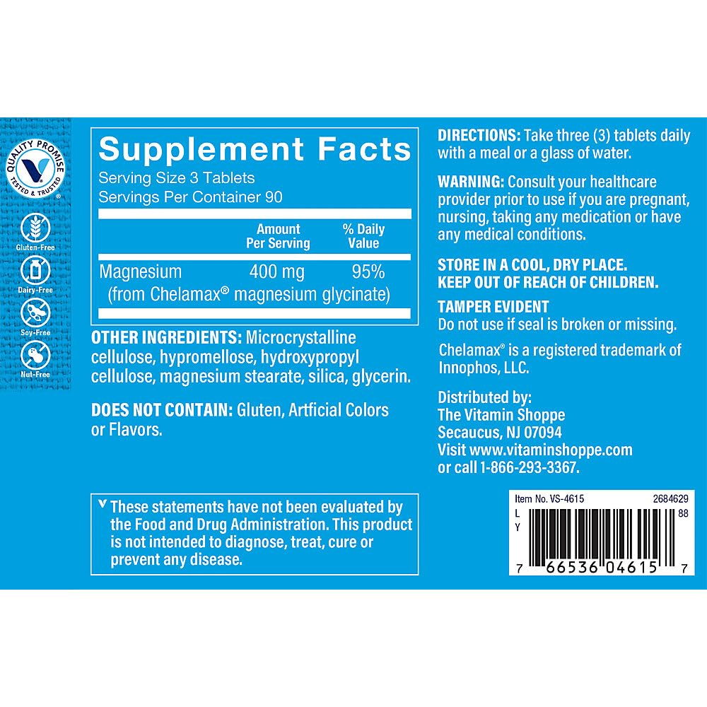 The Vitamin Shoppe Magnesium Glycinate 400 mg Tablets, 270 Count