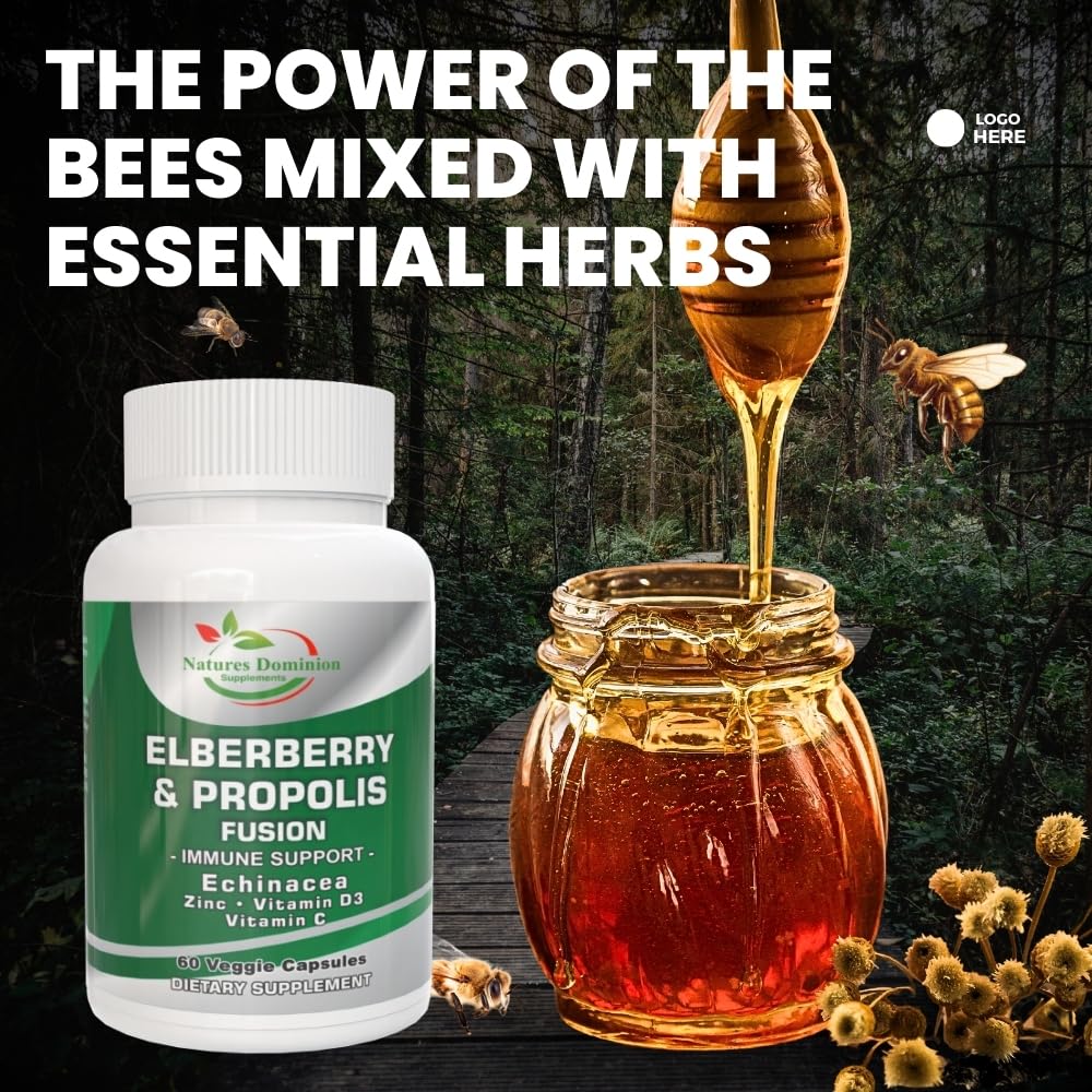 Natures Dominion Supplements Propolis Organic Elderberry Extract with Echinacea, Vitamin D3, Vitamin C and Zinc Capsule 60 Count