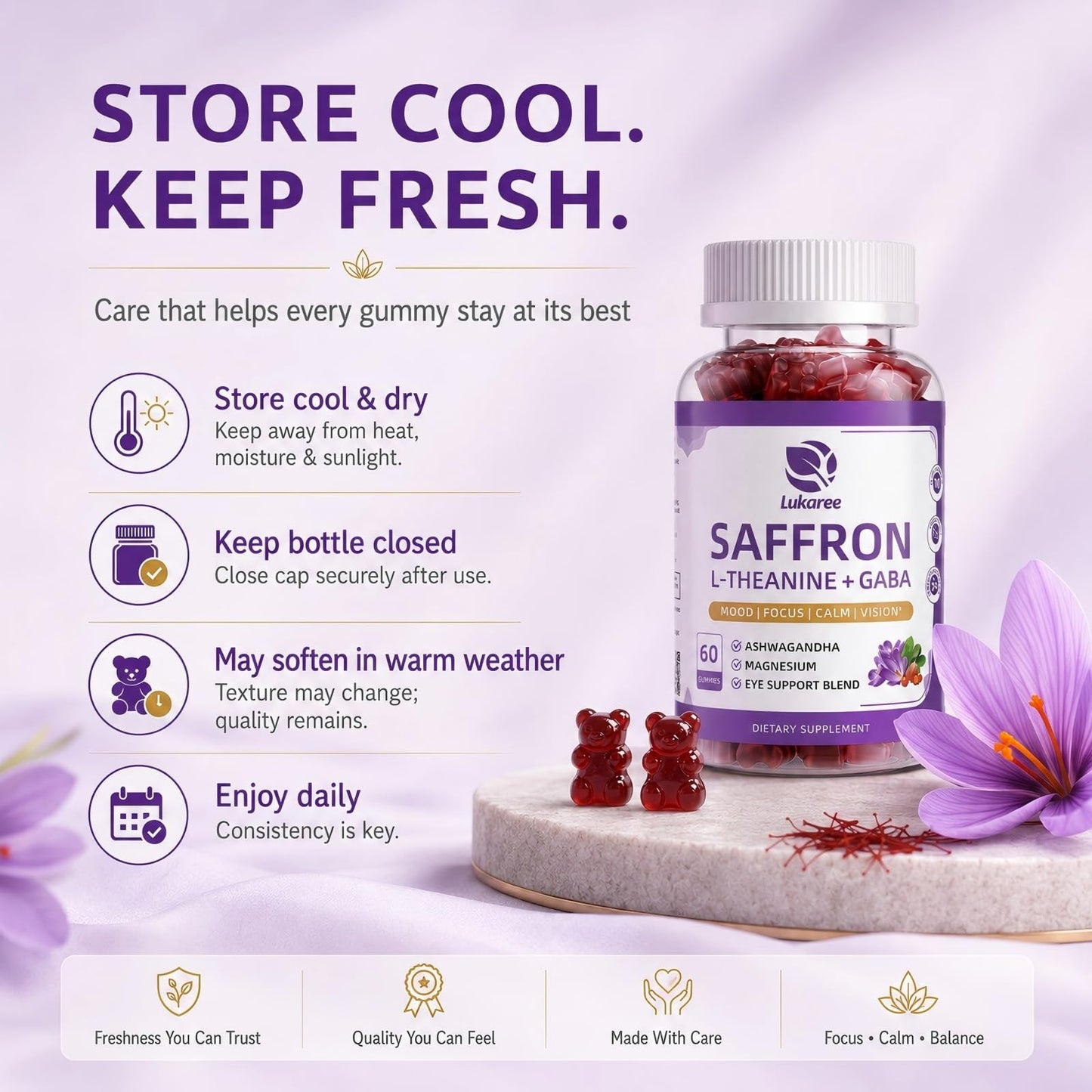 Lukaree Saffron Gummies 88.5mg with L-Theanine 200mg, GABA for Mood, Focus & Vision, Gummy, 120