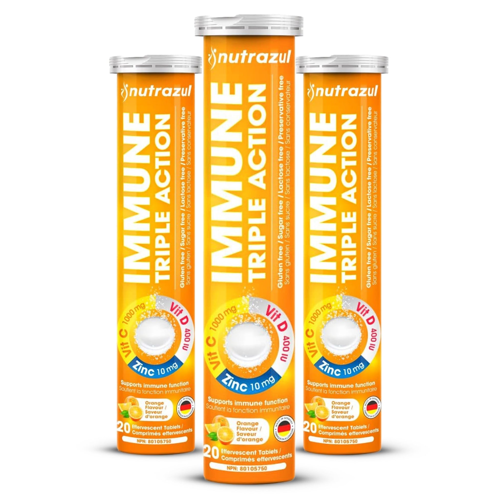 nutrazul Immune Triple Action Effervescent Tablets with Vitamin C 1000mg, Vitamin D, Zinc, Orange Flavor, 60 Tablets