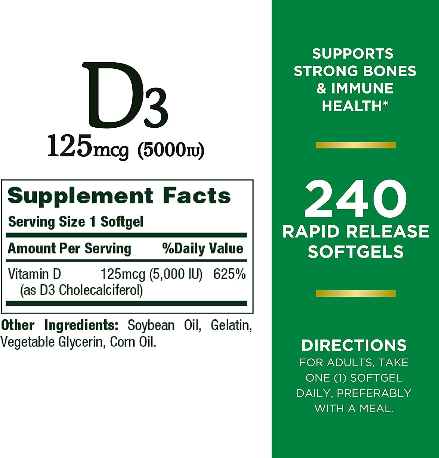 Nature's Bounty Vitamin D3 Immune Support 125 mcg (5000iu) Softgels 480