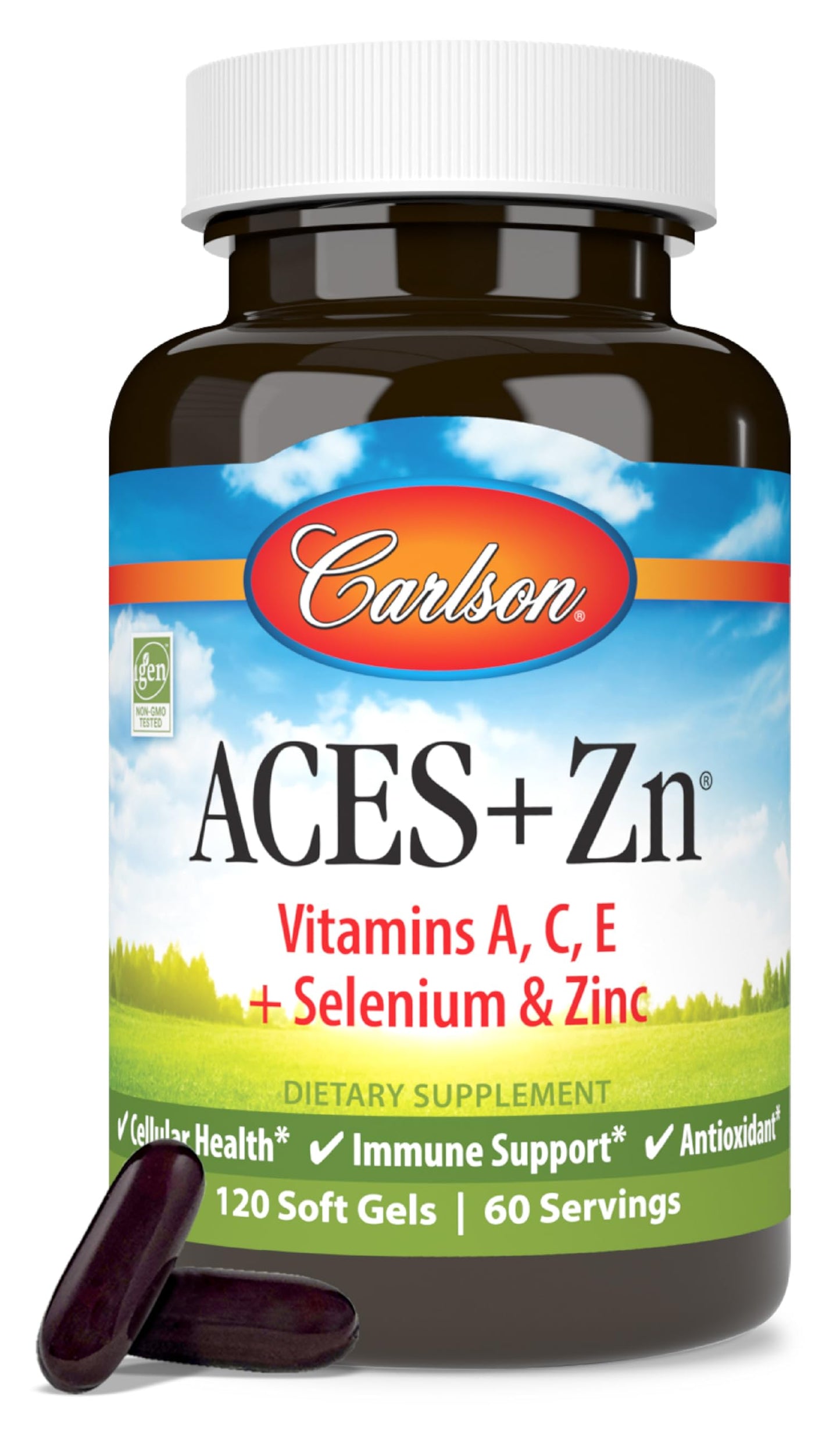 Carlson ACES + Zn, Vitamins A, C, E + Selenium & Zinc, Cellular Health & Immune Support, Antioxidant, 120 Softgels