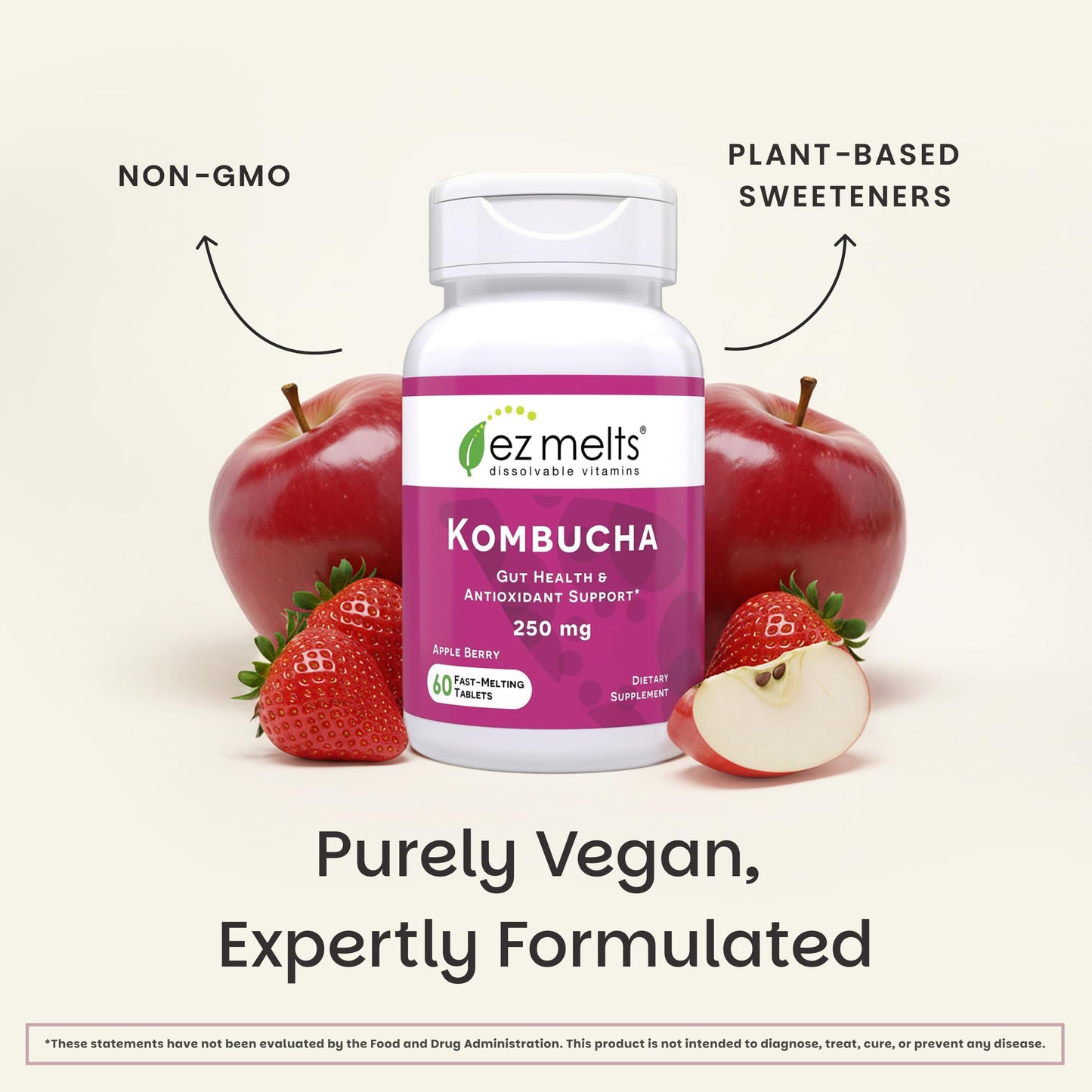 EZ Melts Dissolvable Sugar-Free Kombucha Tablets with SCOBY & Apple Cider Vinegar, Apple Berry Flavor, 60 Tablets