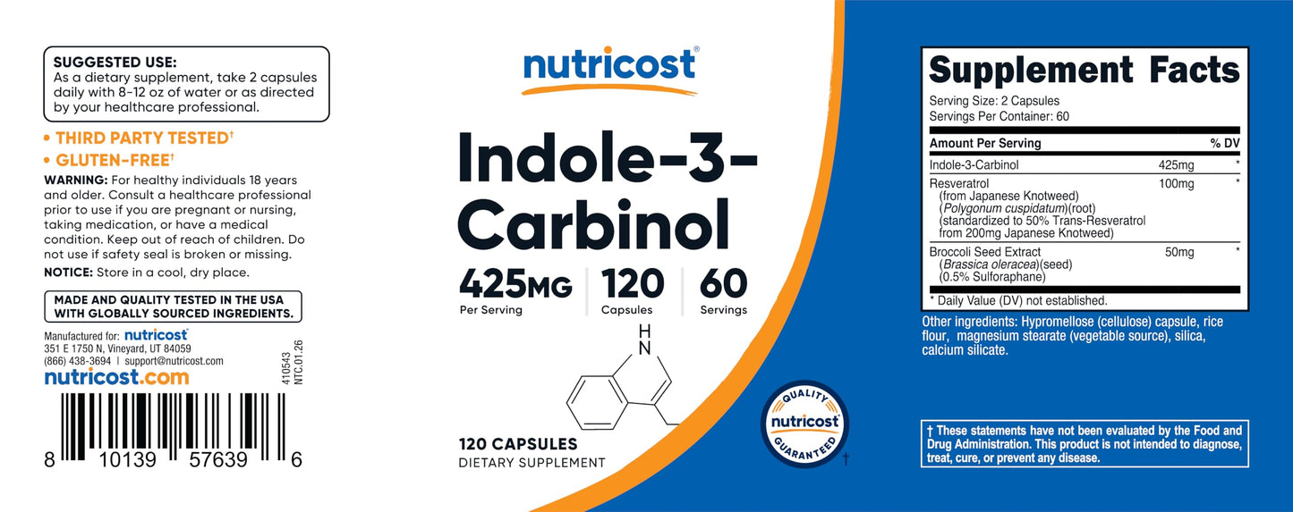 Nutricost Indole-3-Carbinol 425mg Capsule, 120 Capsules