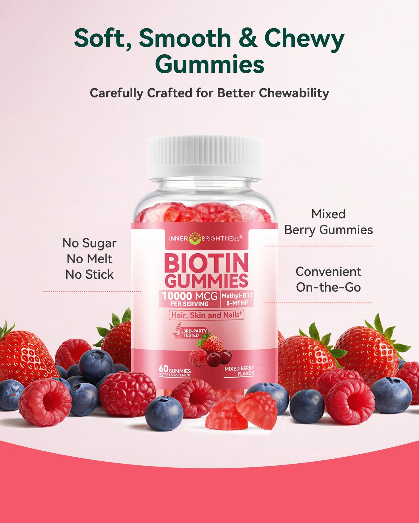 Inner Brightness Biotin 10,000mcg Gummies for Women - Hair Skin Nails, 120 Gummies
