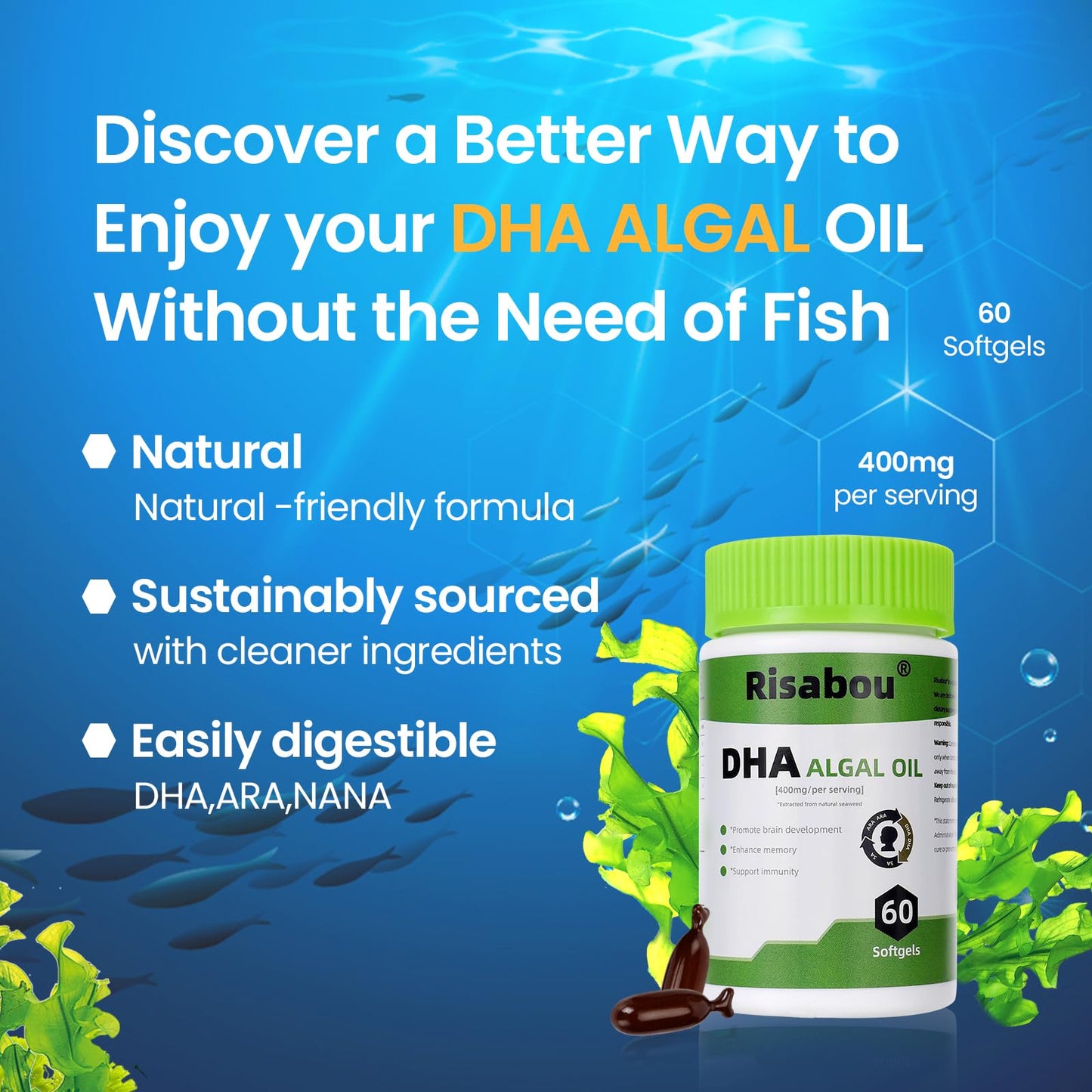Risabou Algal Oil DHA 400 mg with ARA and SA, DHA Omega-3 Softgels, 120 Count